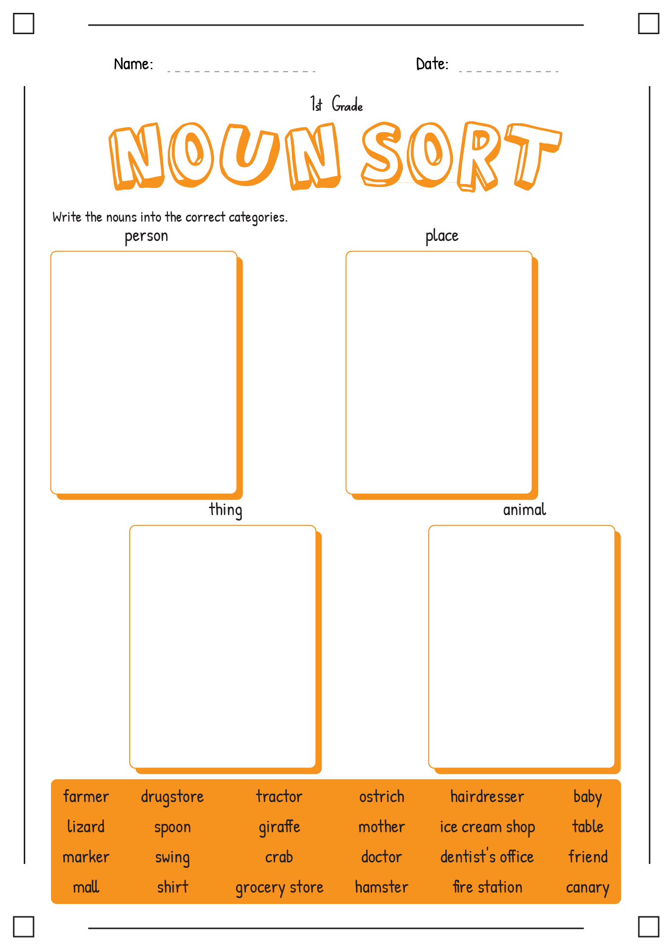 First Grade Noun Sort Worksheet