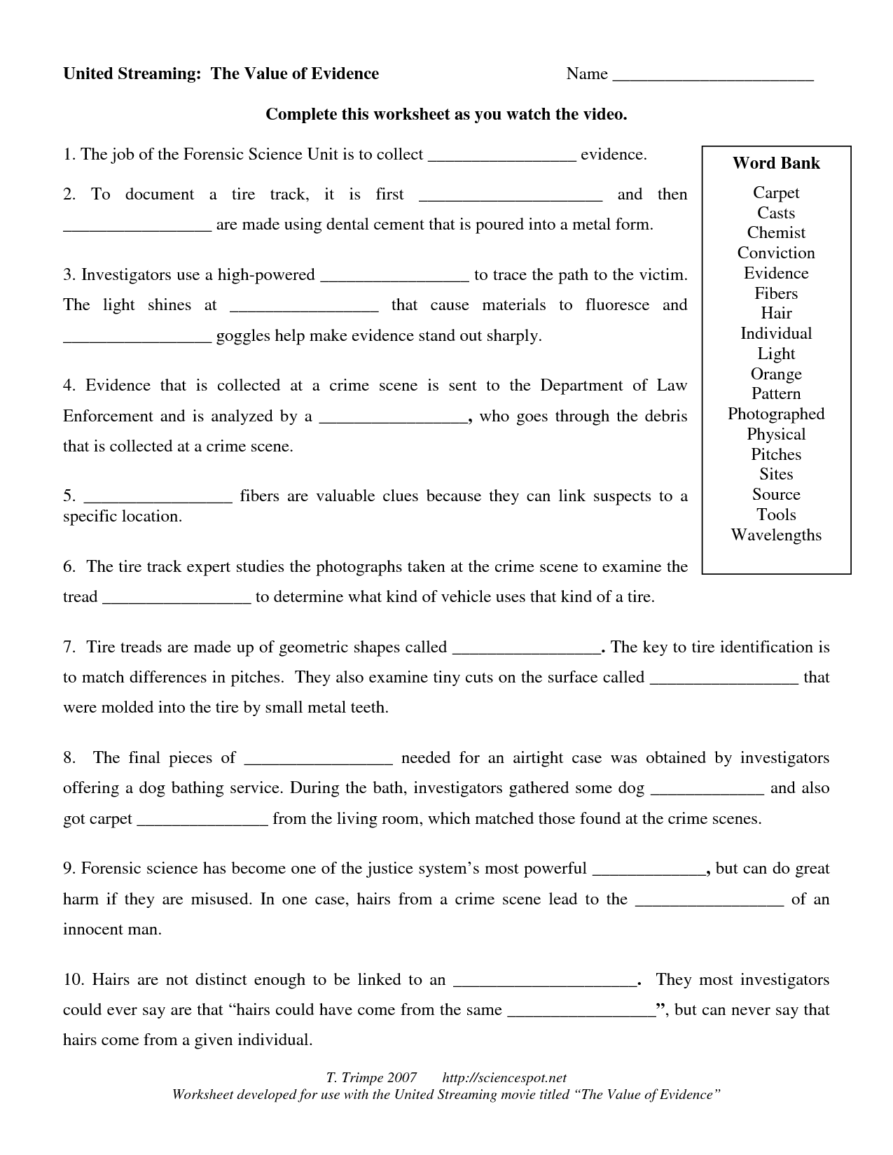 Forensic Science Worksheet Answers Image