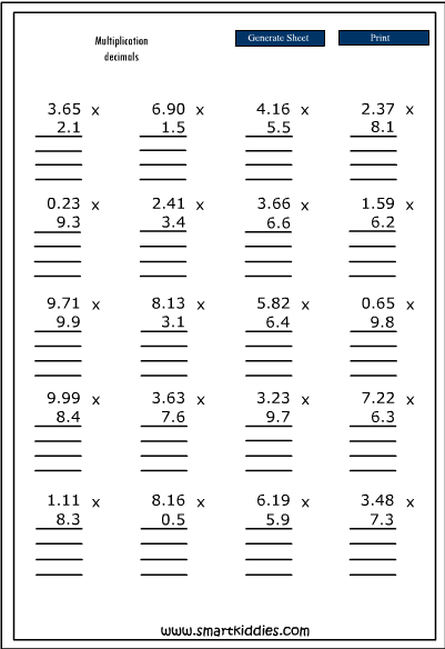 Multiplying Decimals Printable Worksheets