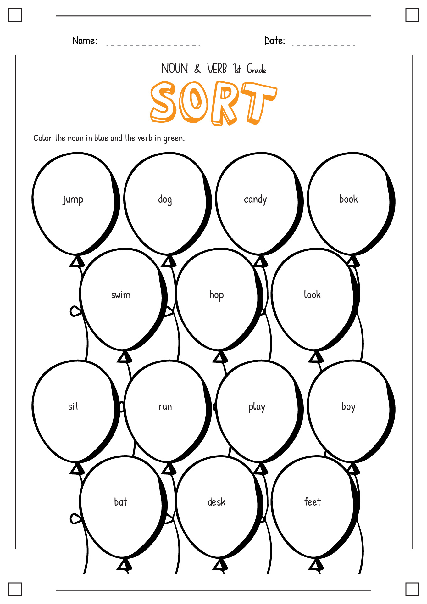 Noun and Verb Sort First Grade Image