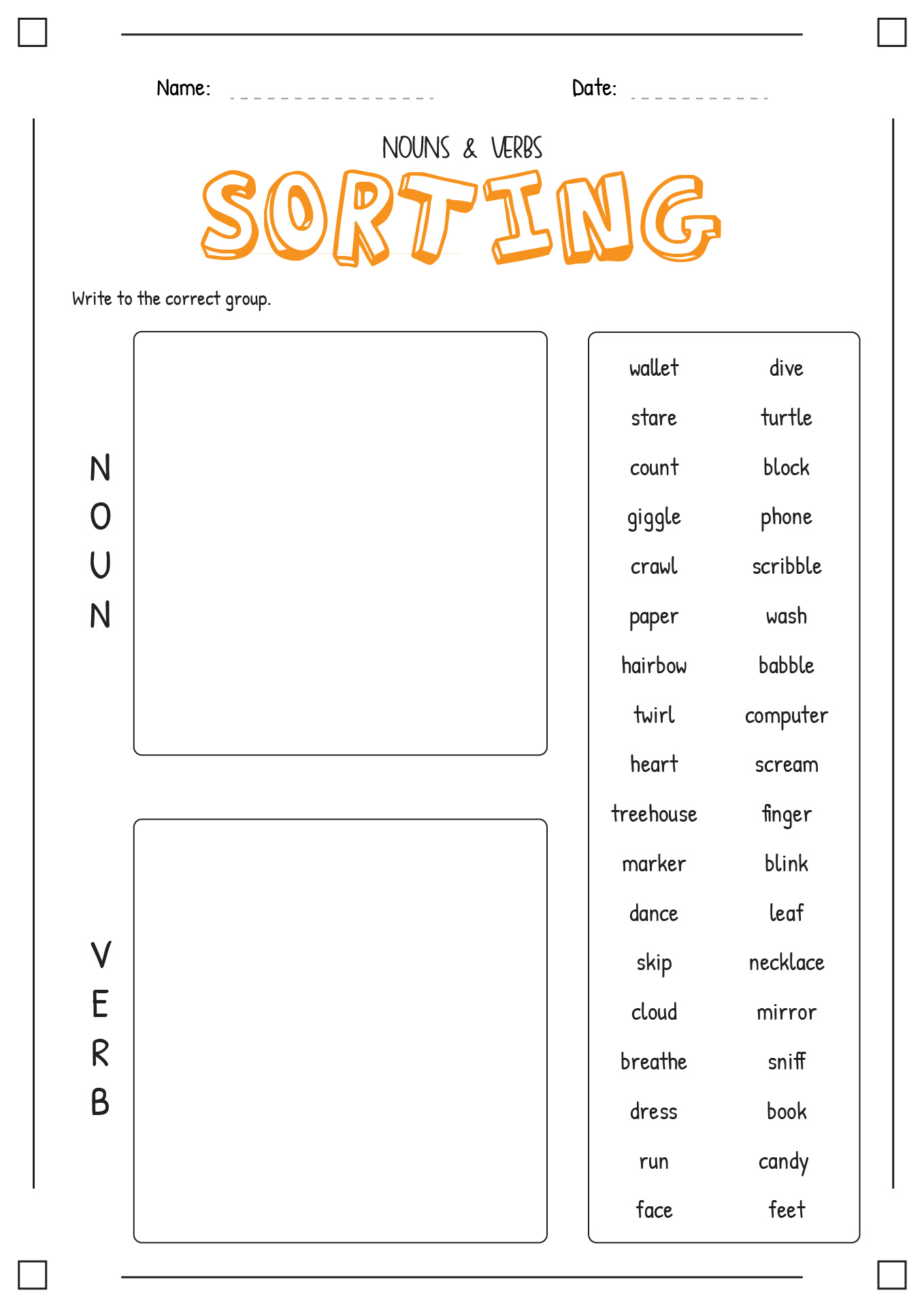 Nouns and Verbs Sorting Worksheet Image