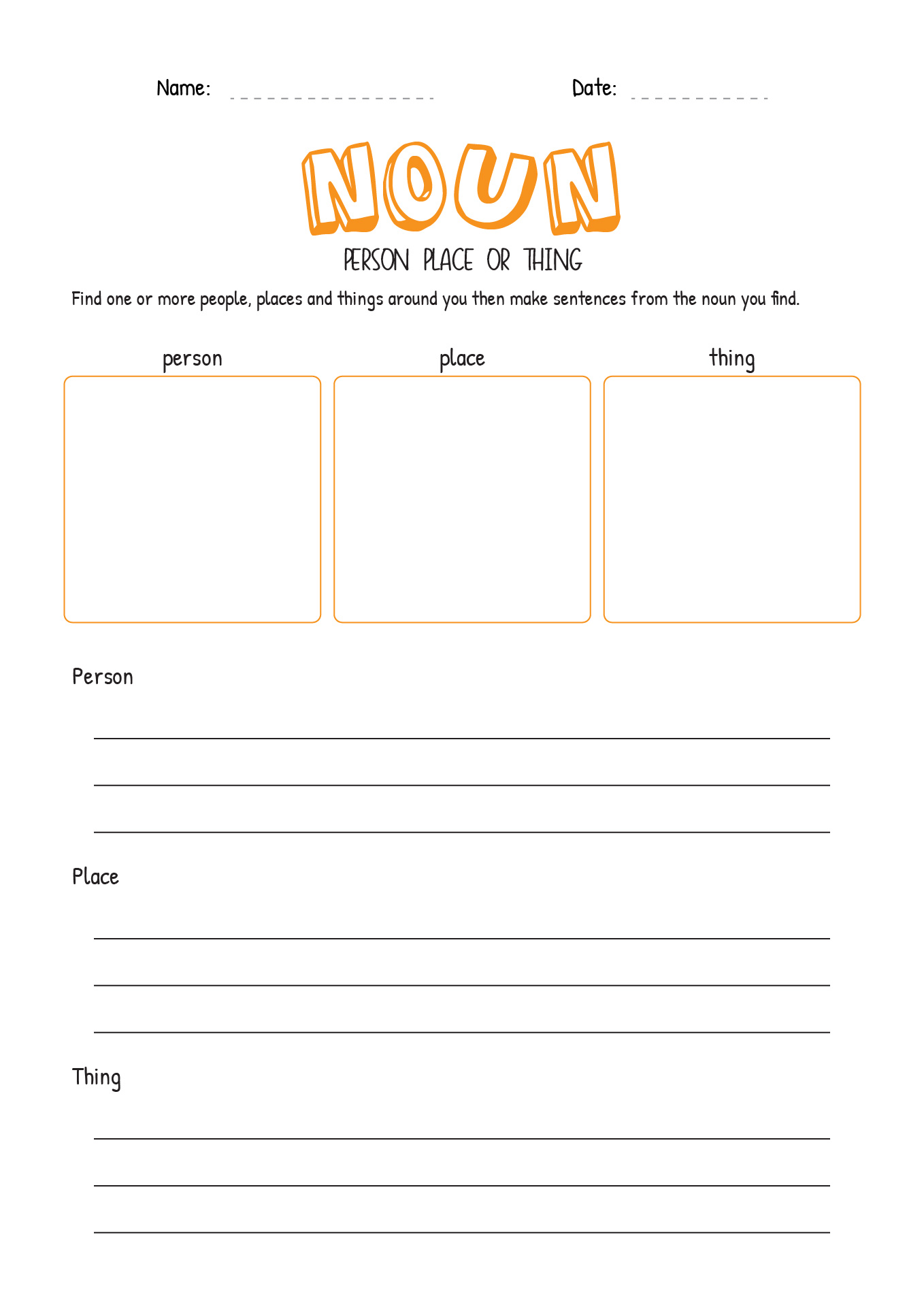 Nouns Person Place or Thing Worksheet