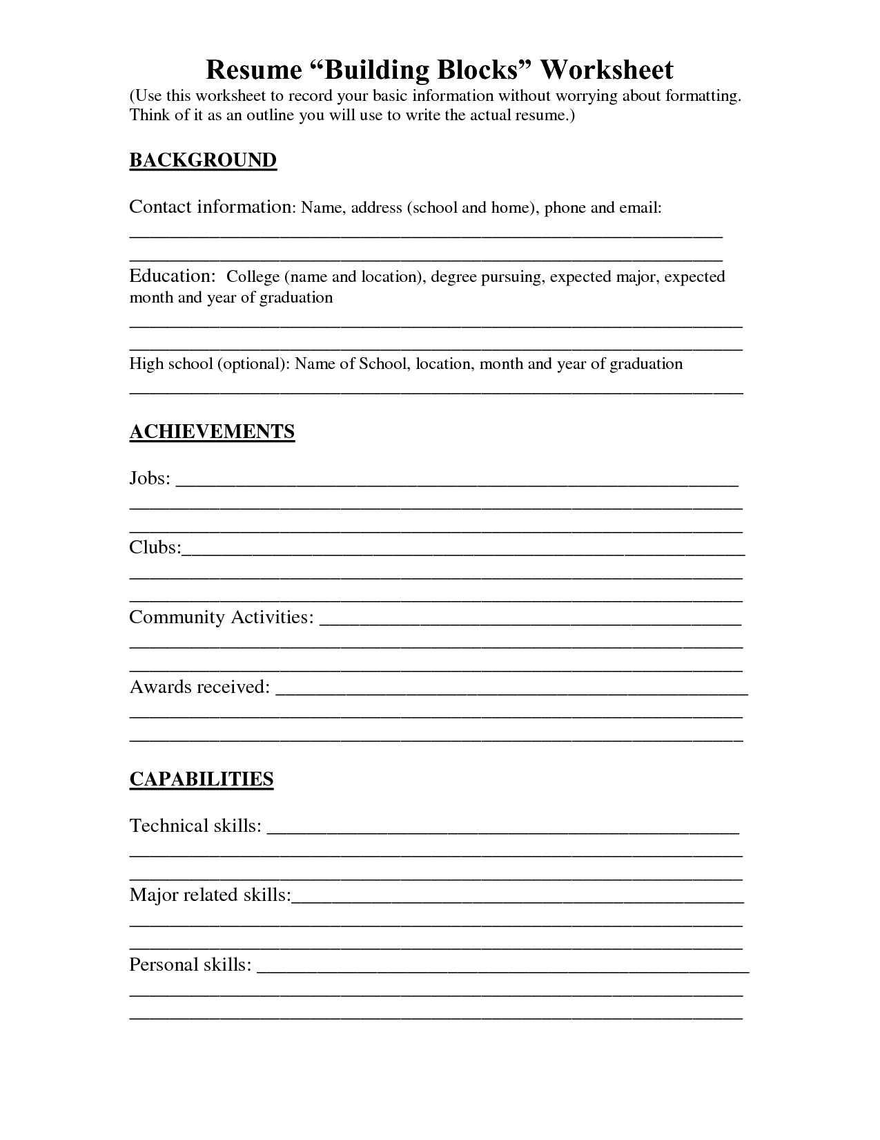 Resume Building Worksheet Image