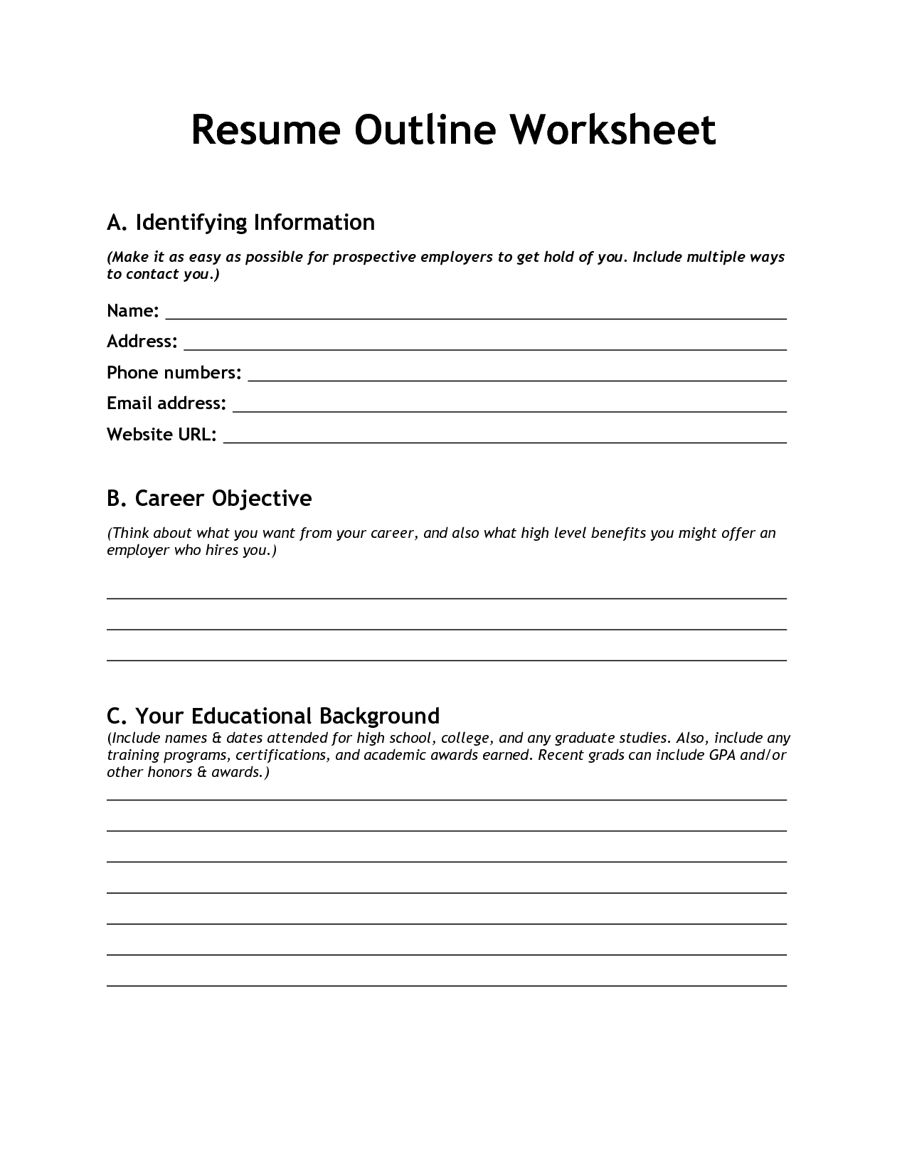 Resume Outline Worksheet Image