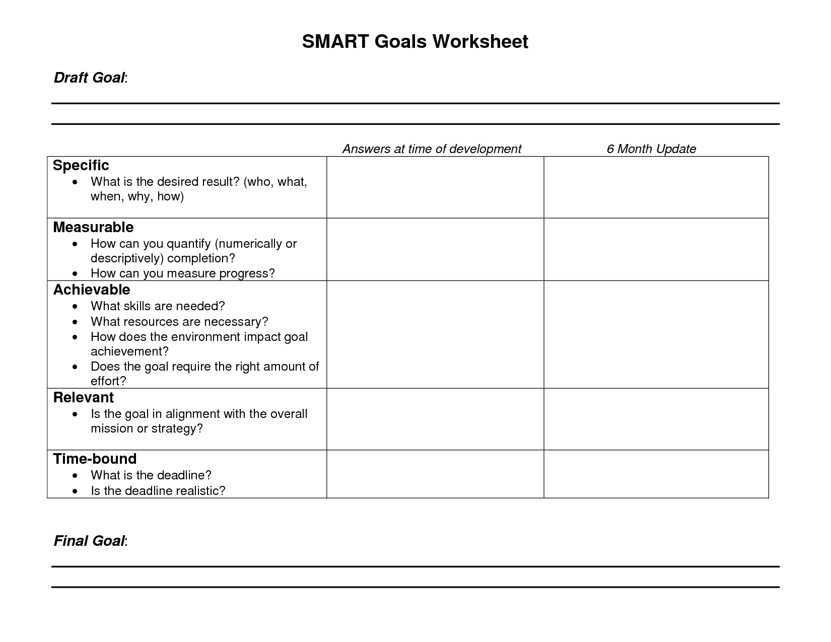 Smart Goals Worksheet Printable Image
