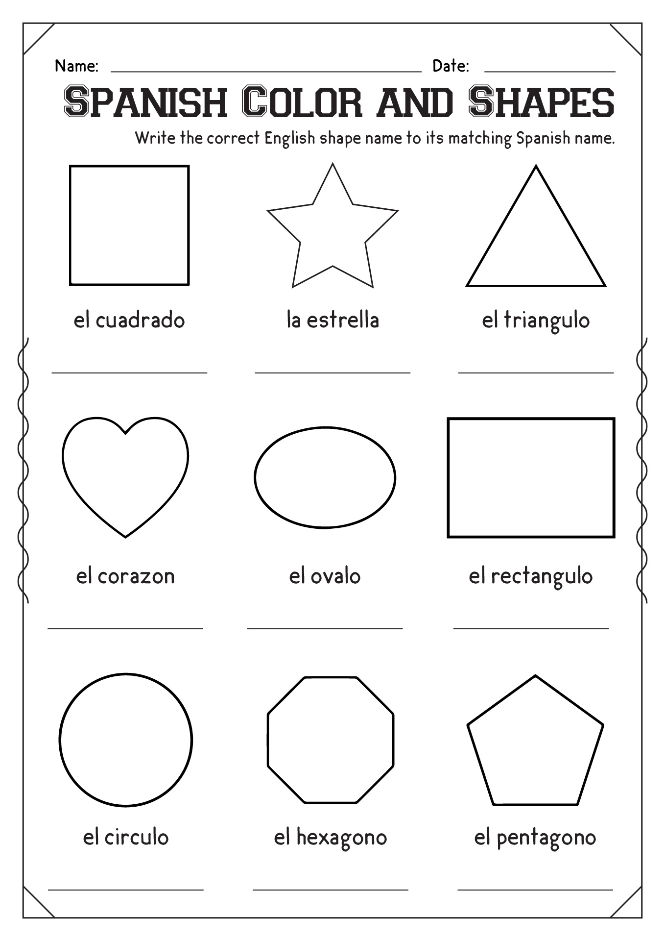 Spanish Colors and Shapes Worksheets