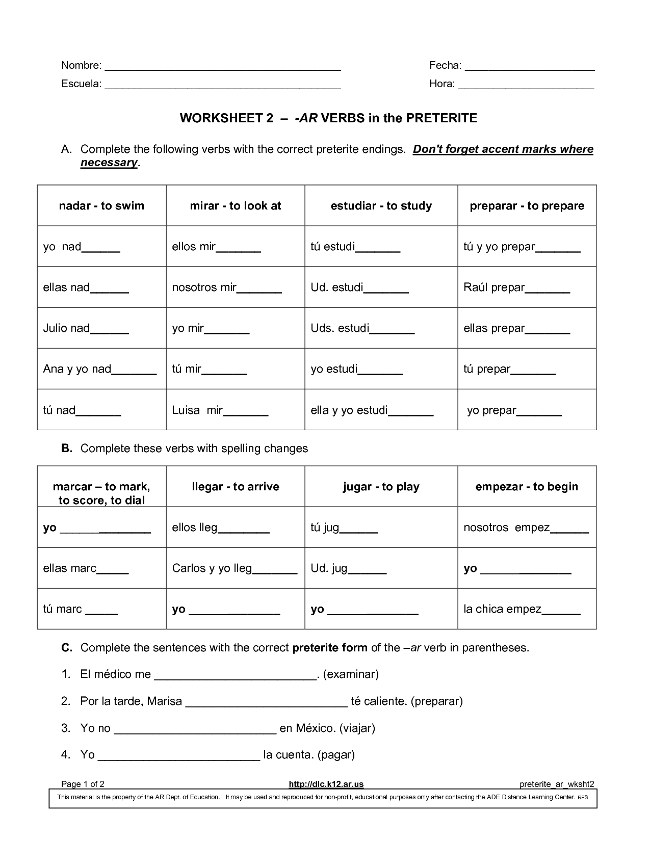 Worksheet 4 1 Preterite Tense Of Ar Verbs