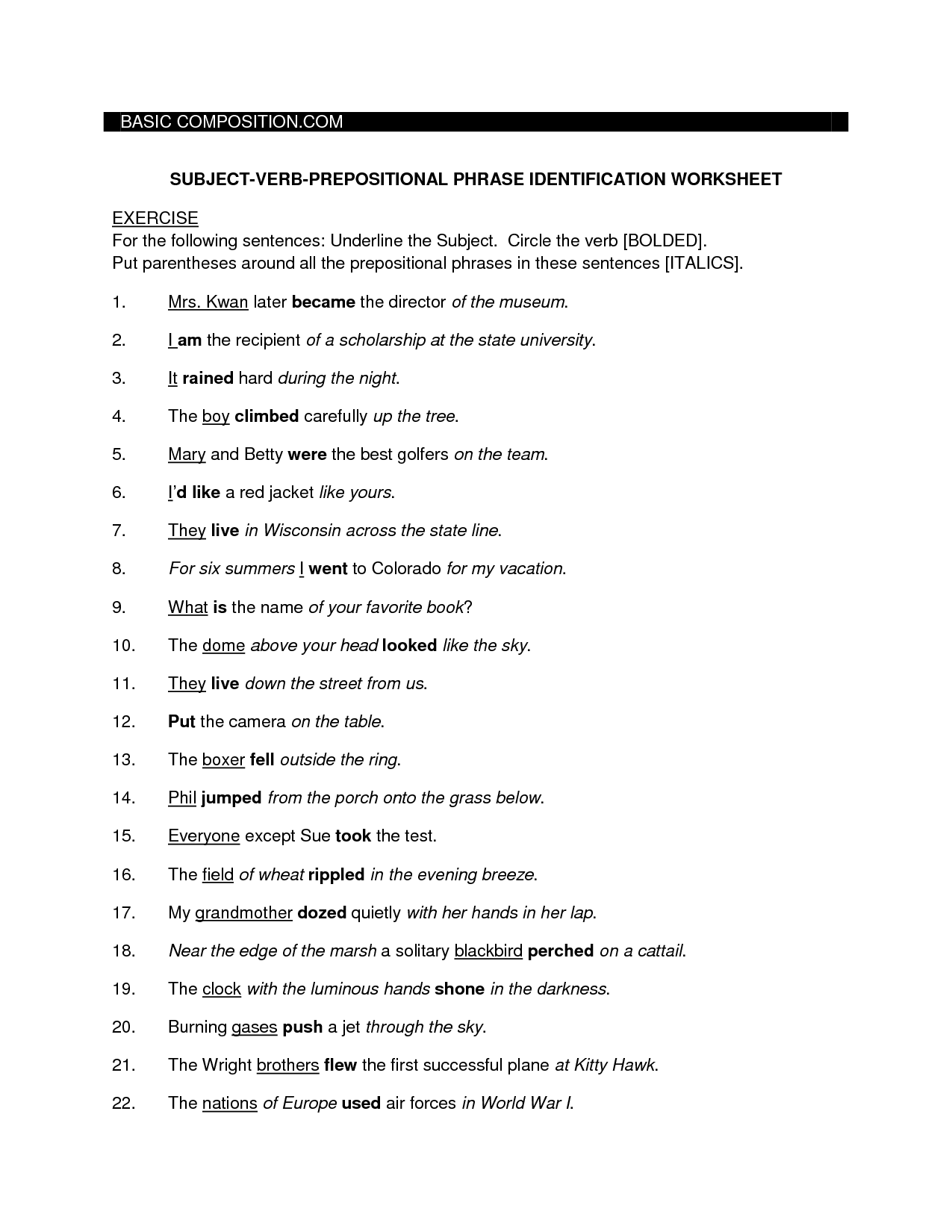 Subject Verb Prepositional Phrases Worksheet Image