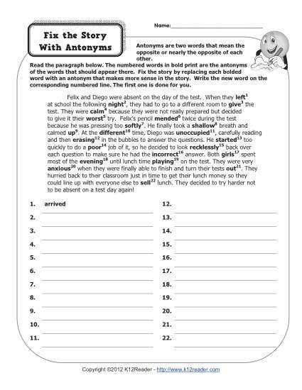 Synonyms and Antonyms Worksheets 4th Grade Image