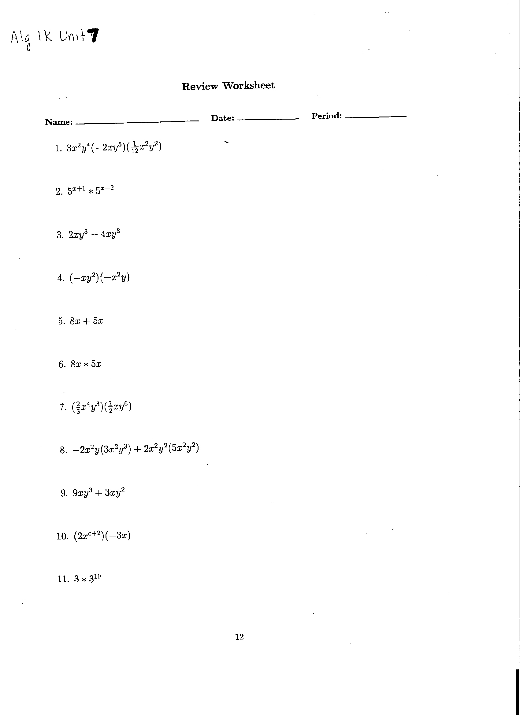Unit 5 Review Algebra 1 Worksheet