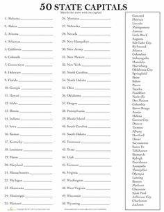 50 States and Capitals Test Worksheet Image