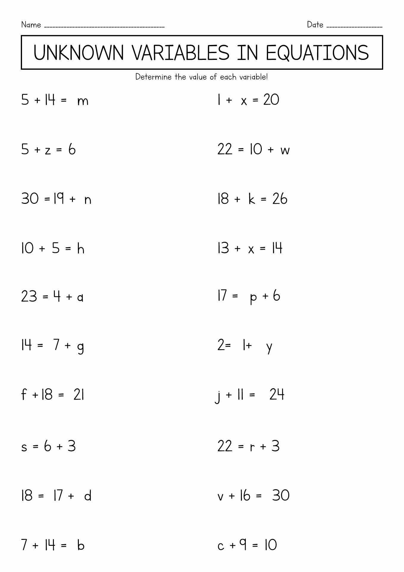 5th Grade Algebra Variables Worksheets