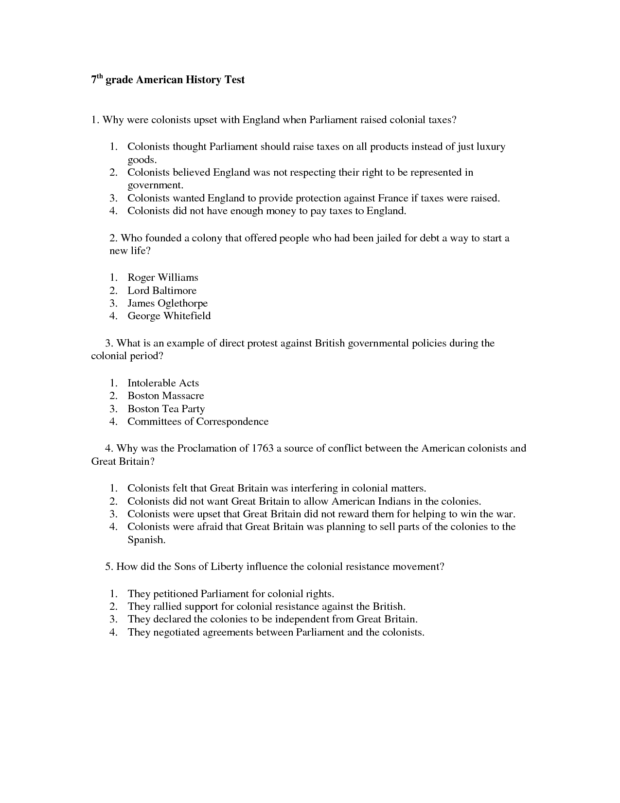 7th Grade History Worksheets
