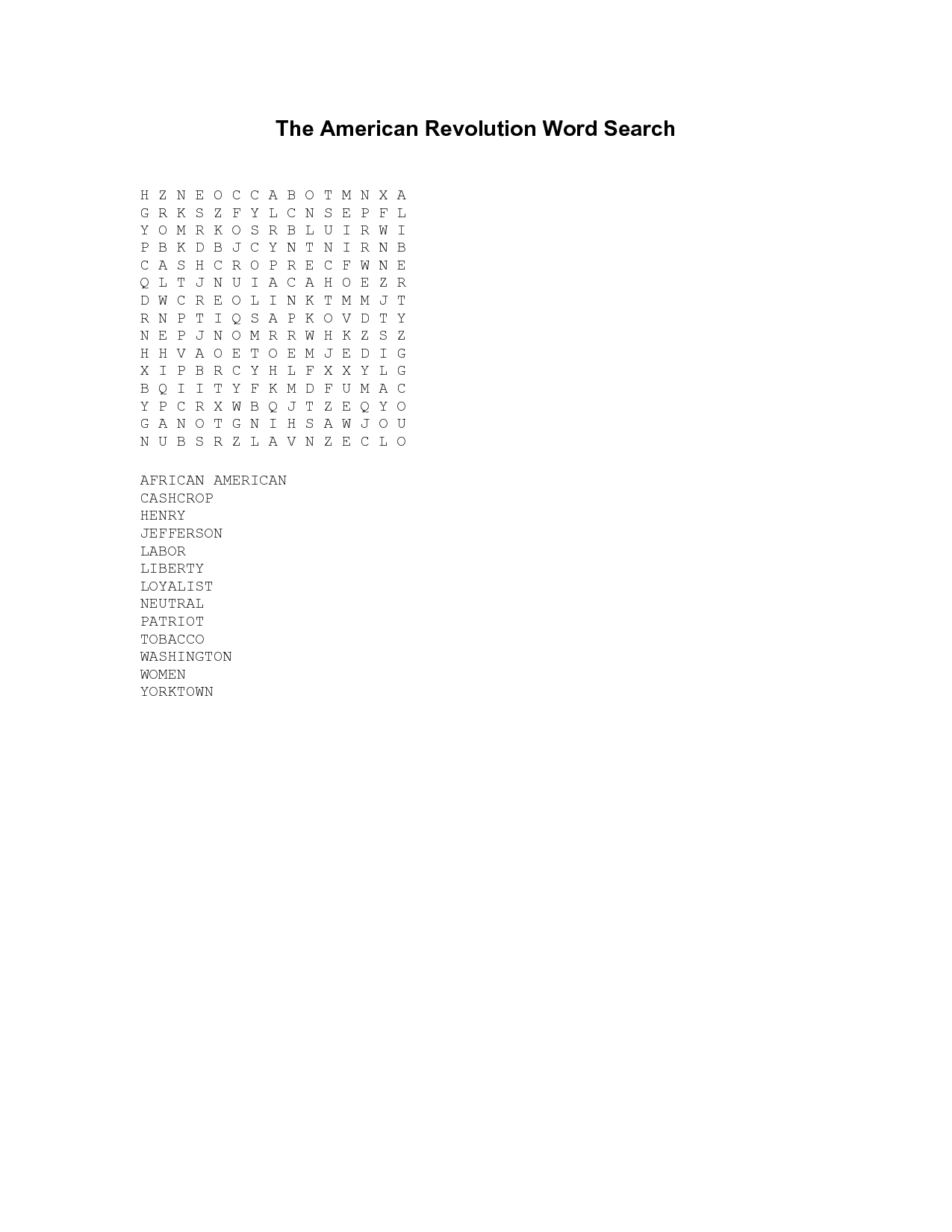American Revolution Word Search Image