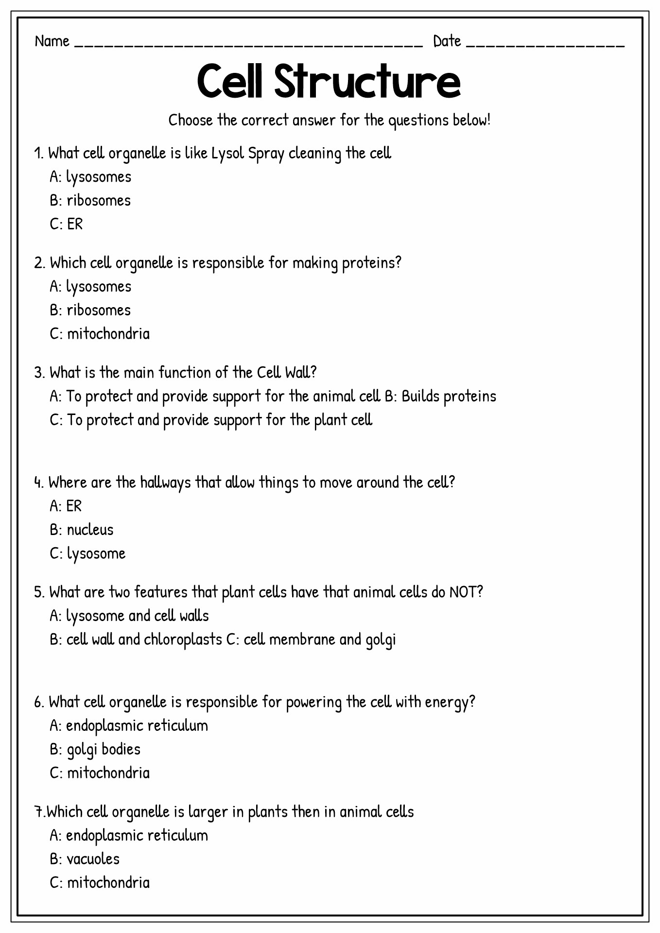 Cell Organelle Quiz Worksheet