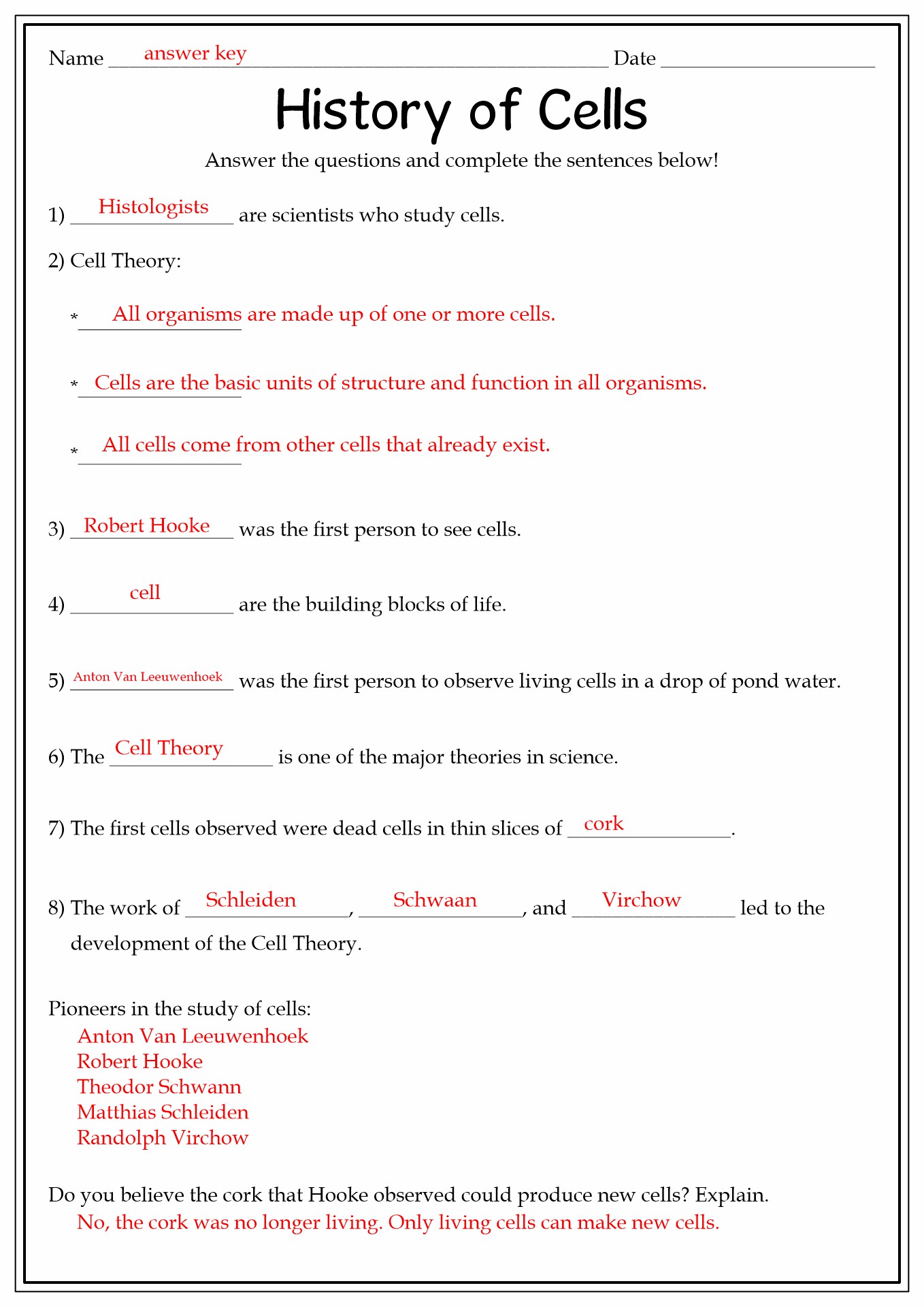 Cell Theory Worksheet Answers Image