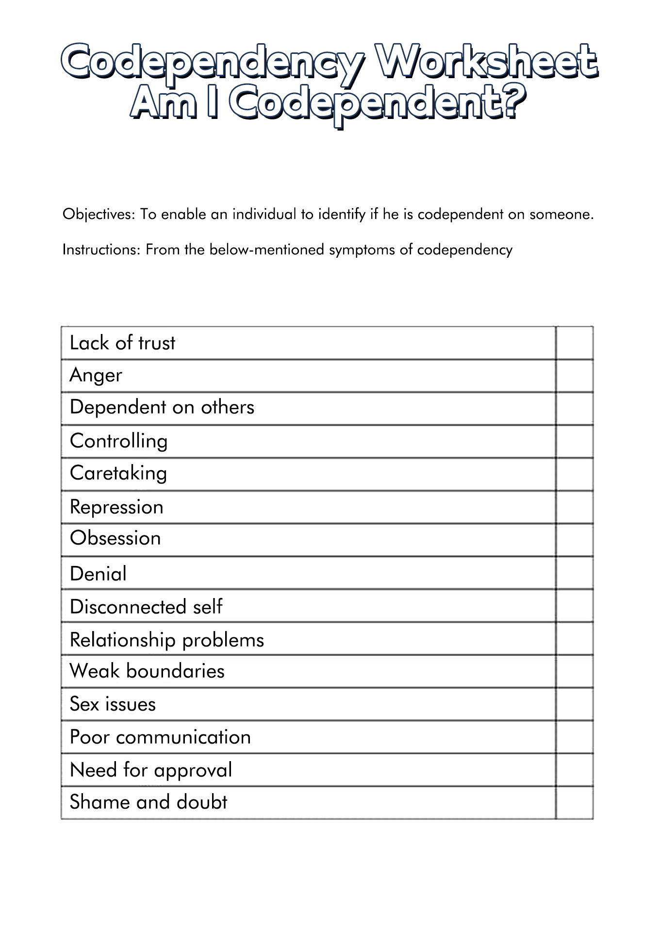 Codependency 12 Step Worksheets