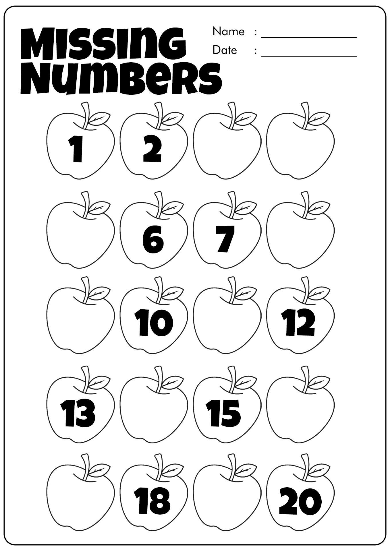 Fill in the Missing Numbers Worksheets