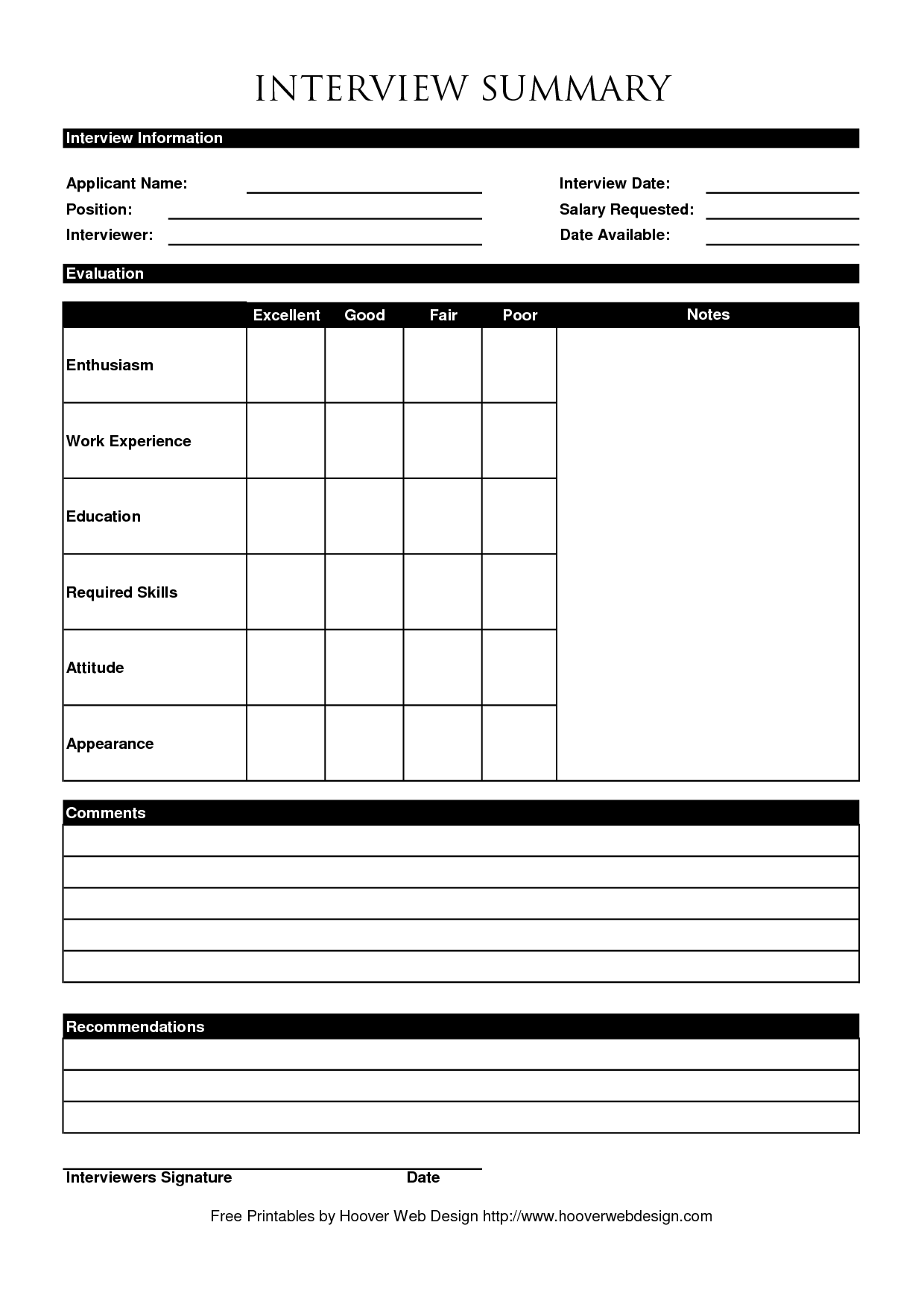Job Interview Questions Worksheet