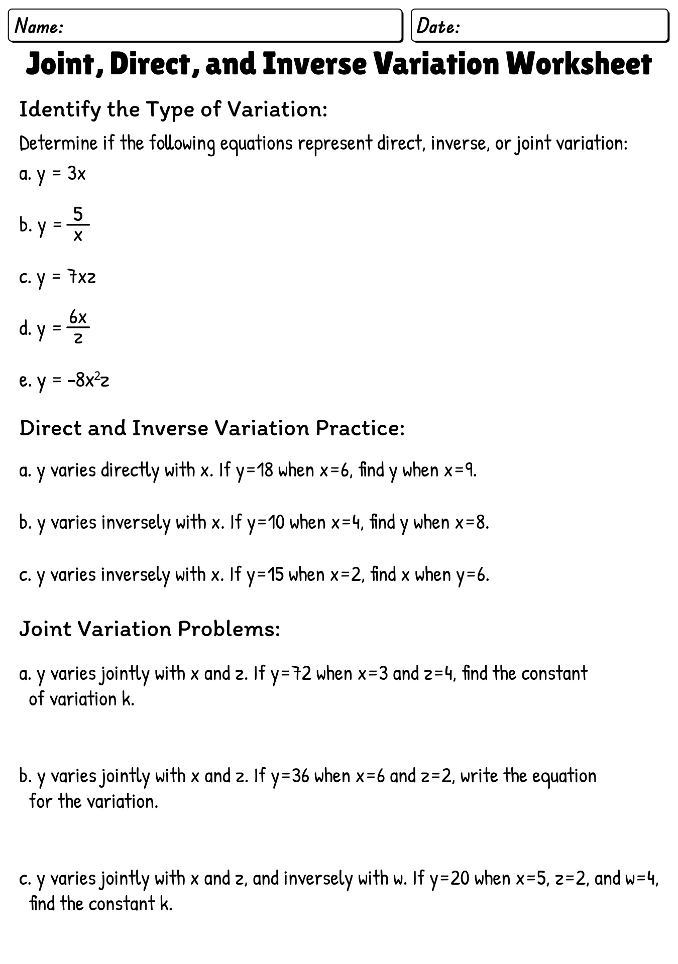 Inverse Variation Worksheet With Answer Key Pdf