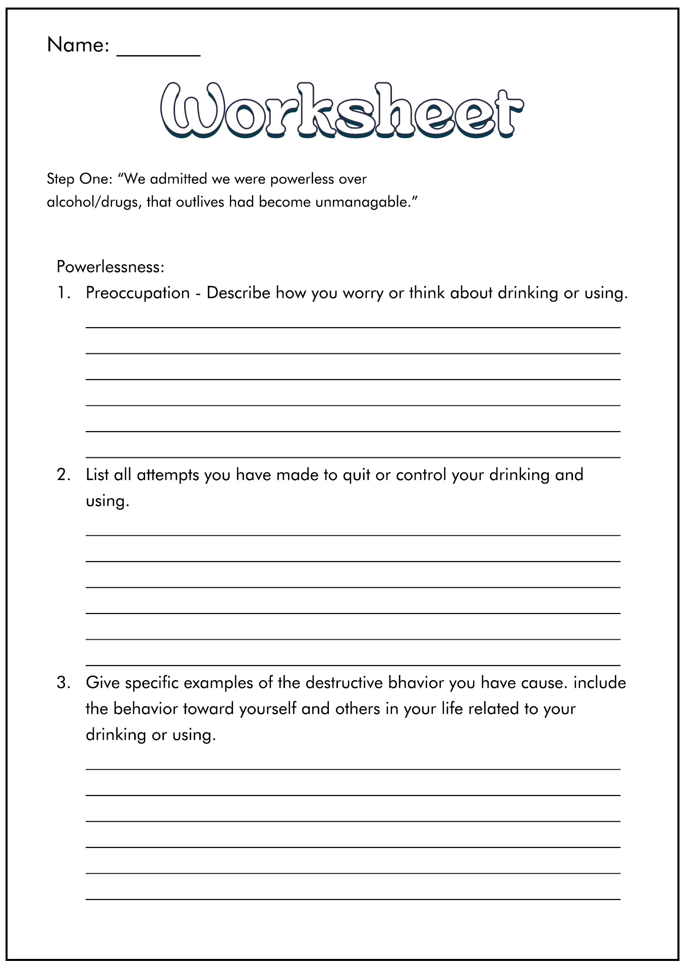 Narcotics Anonymous 12 Step Worksheets Printable