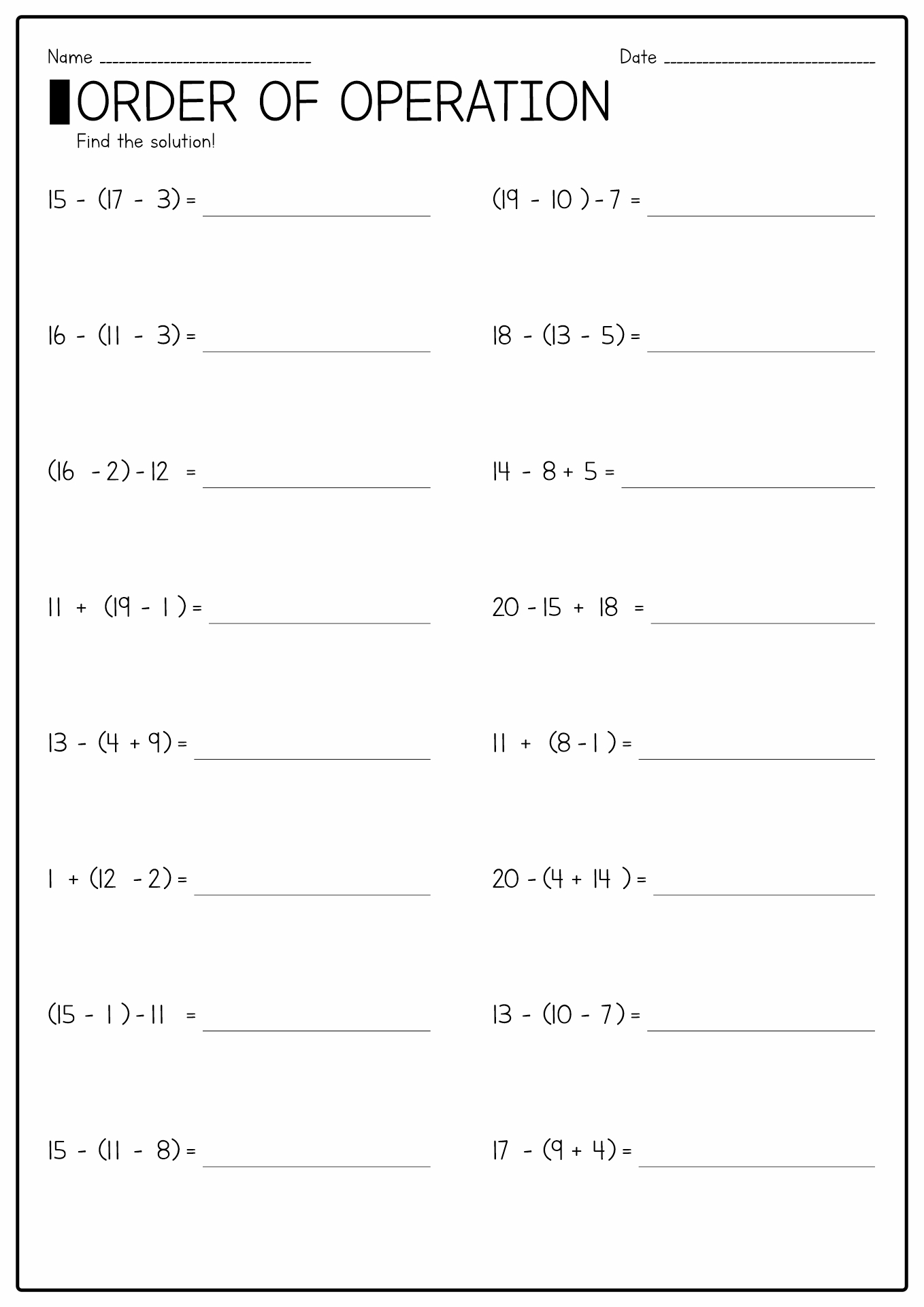 Order of Operations Worksheets 5th Image