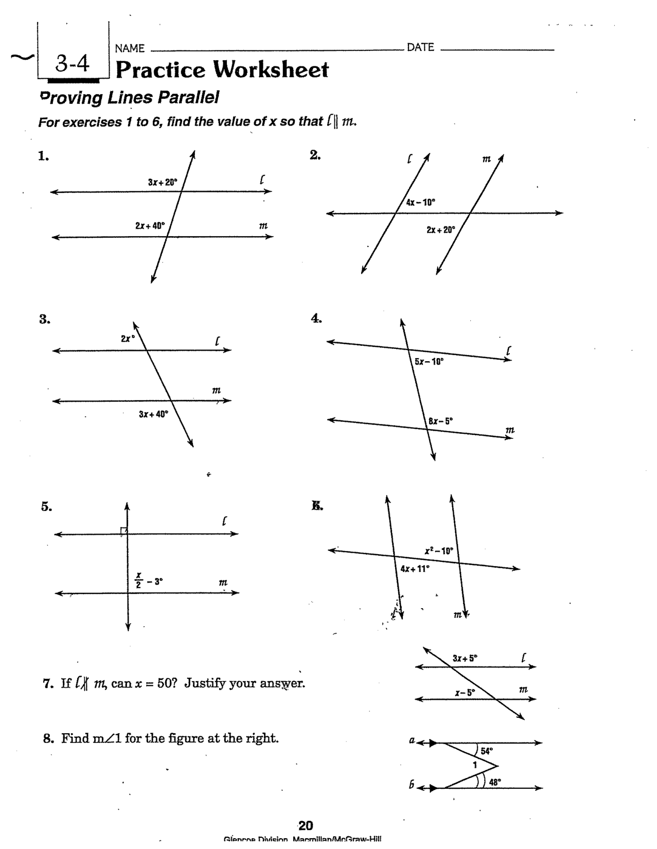 Parallel Lines and Angles Worksheet Image