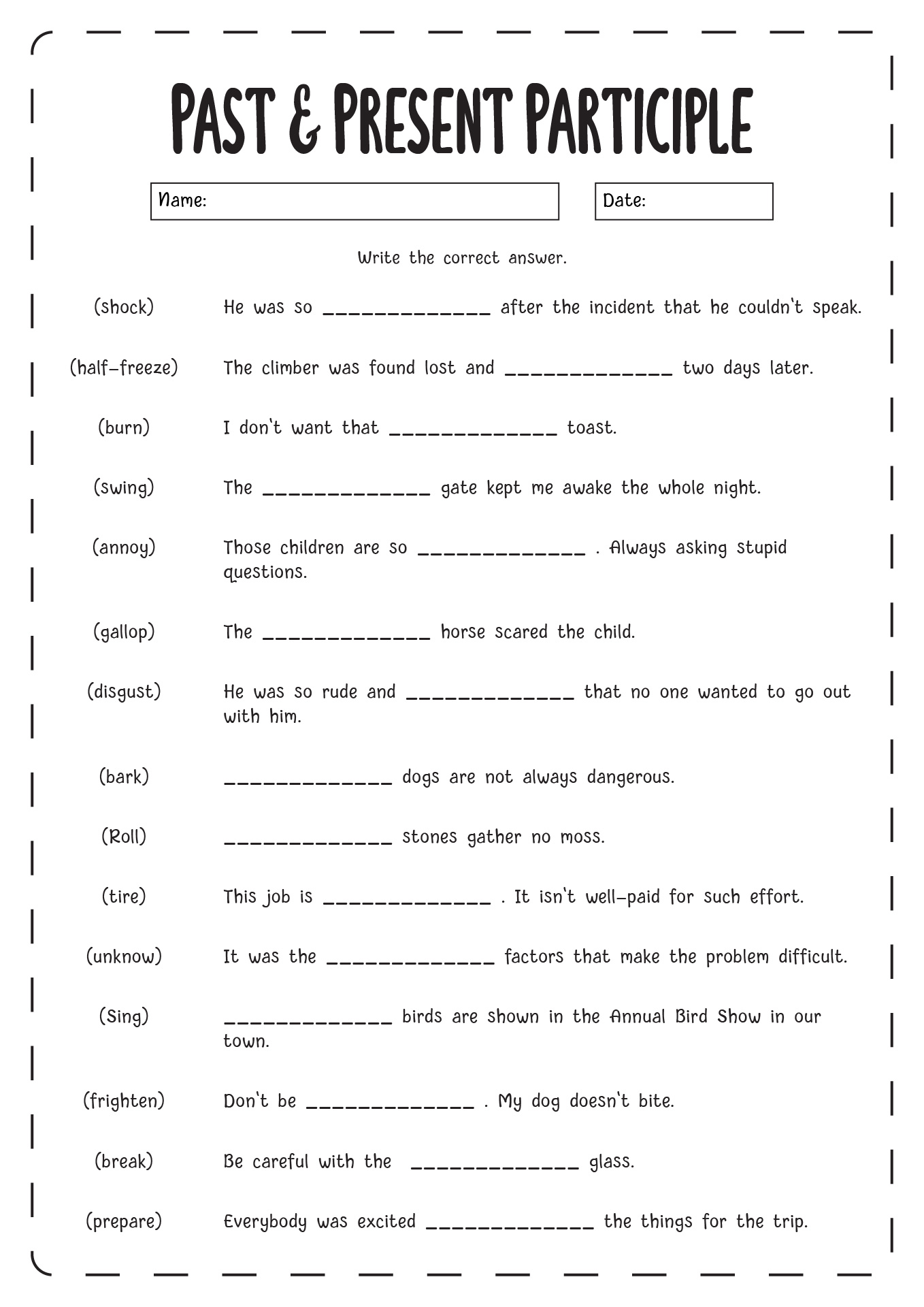 Past and Present Participle Worksheet