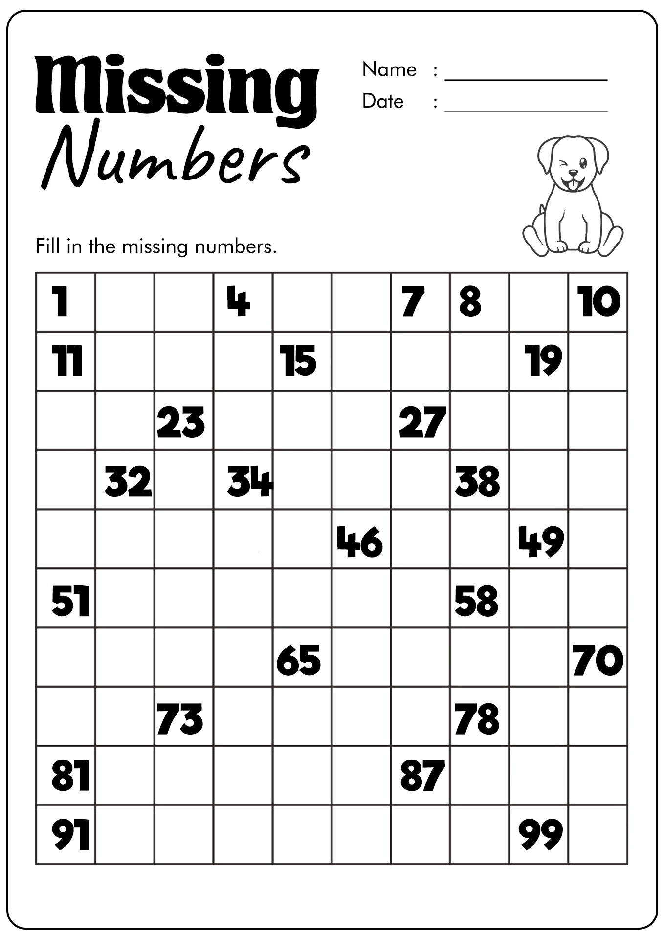 Printable Hundreds Chart with Missing Numbers