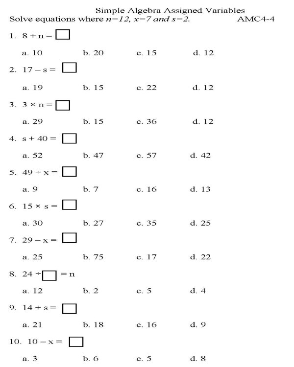 Algebra Math Worksheets Printable Image