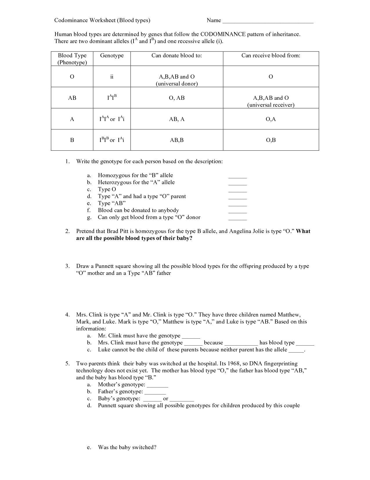 Answer Key Codominance Worksheet Blood Types Image