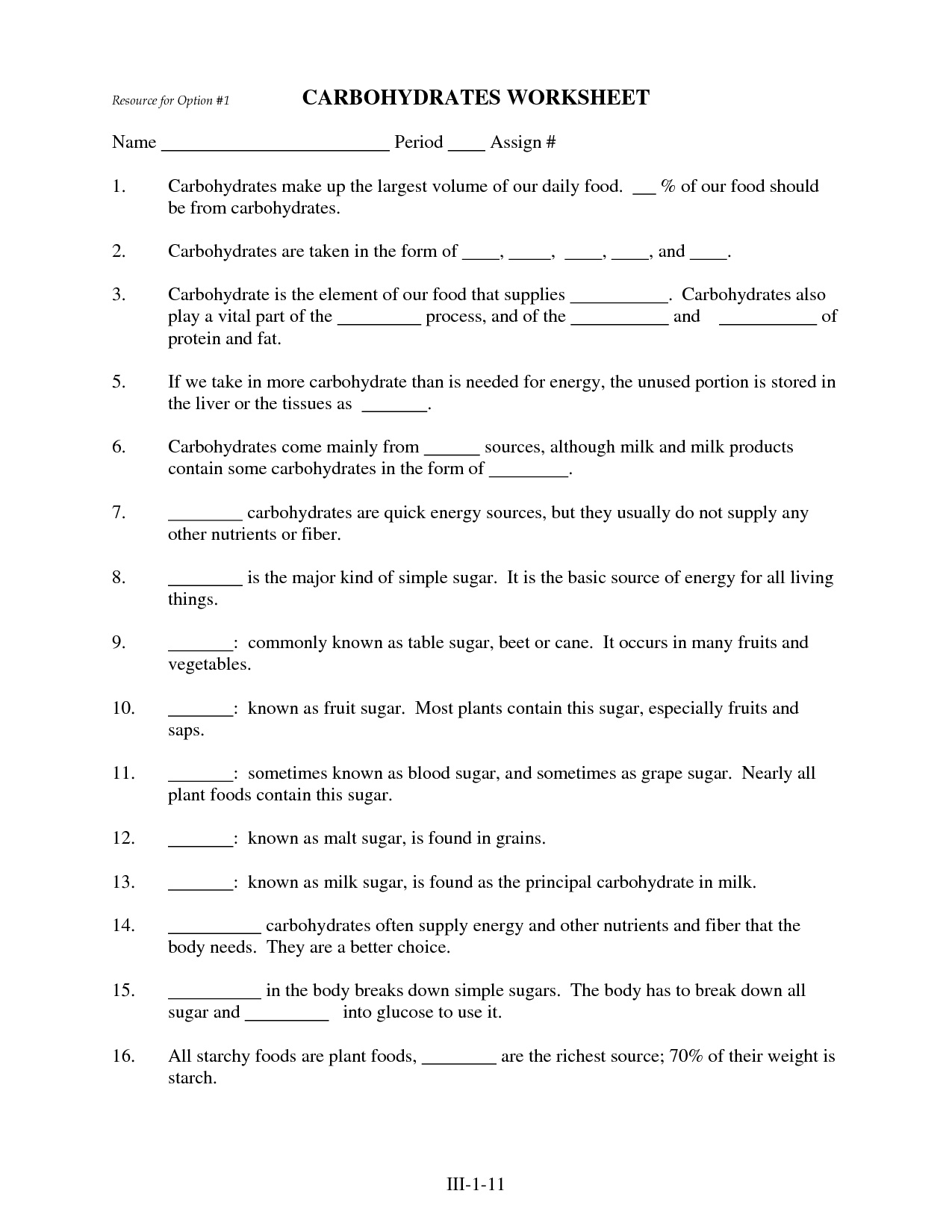 Carbohydrates Worksheet Answers