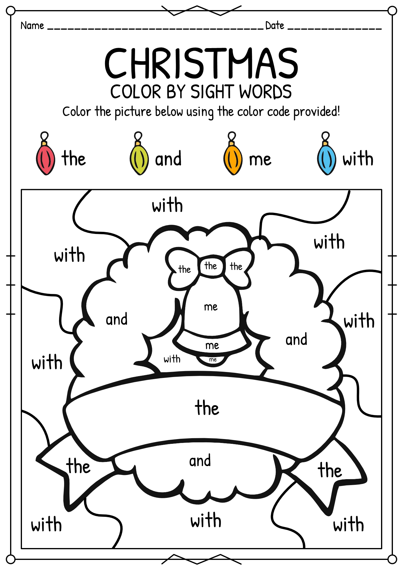 Christmas Color by Sight Word Kindergarten
