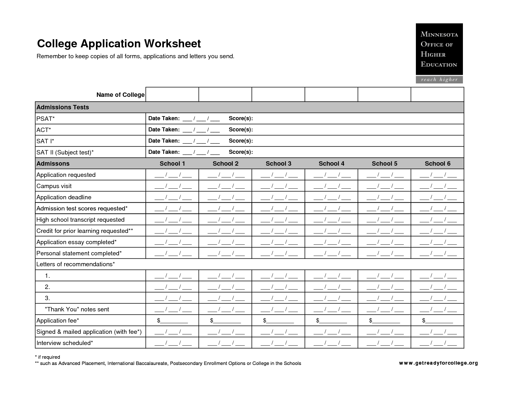 College Application Worksheet Image