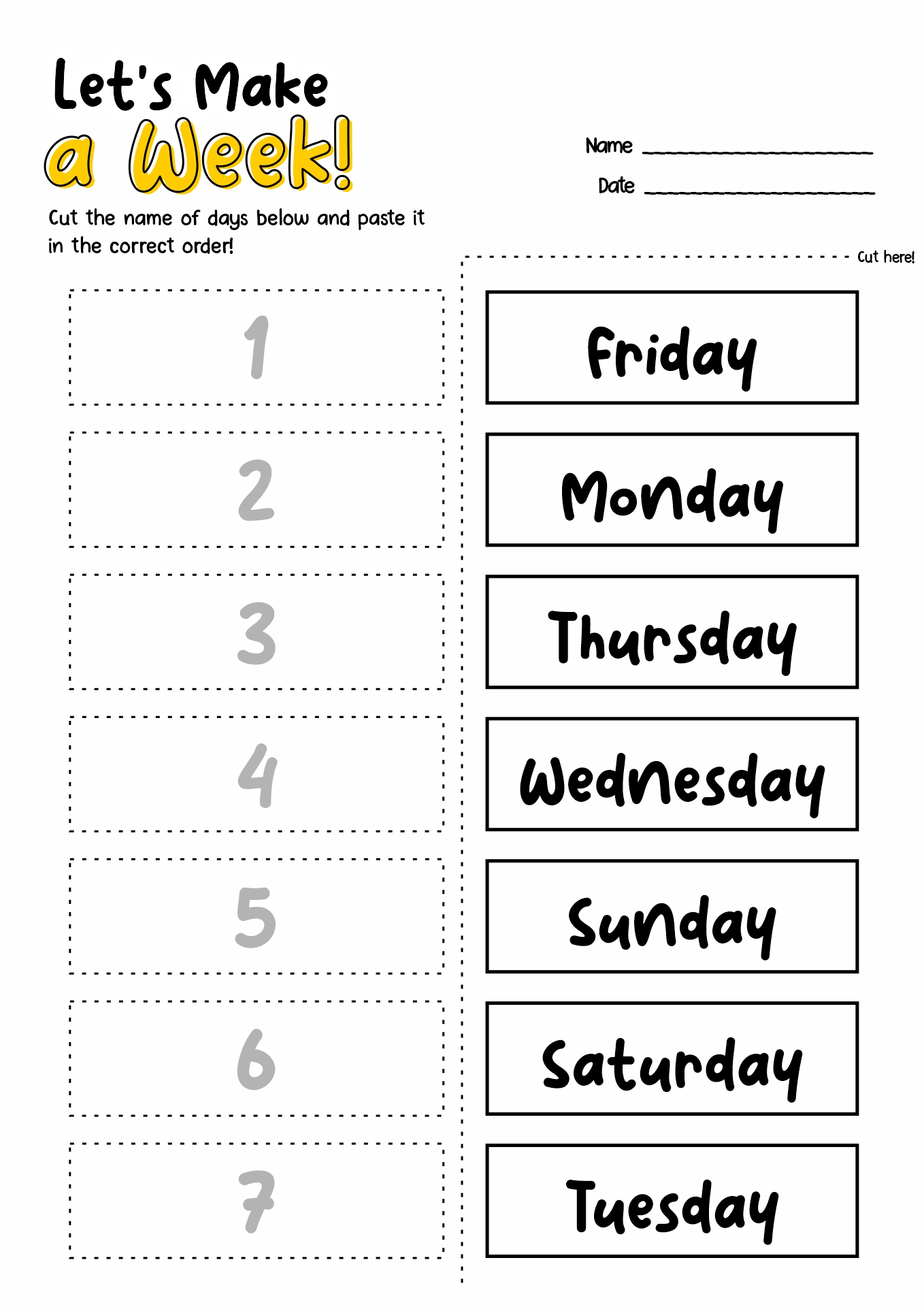 Days of Week Worksheets Cut and Paste