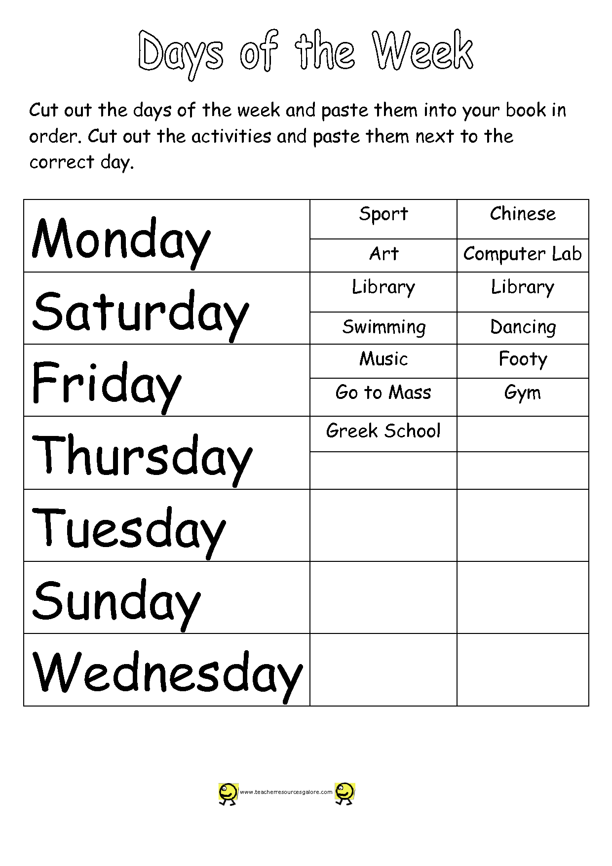 Days of Week Worksheets Cut and Paste Image