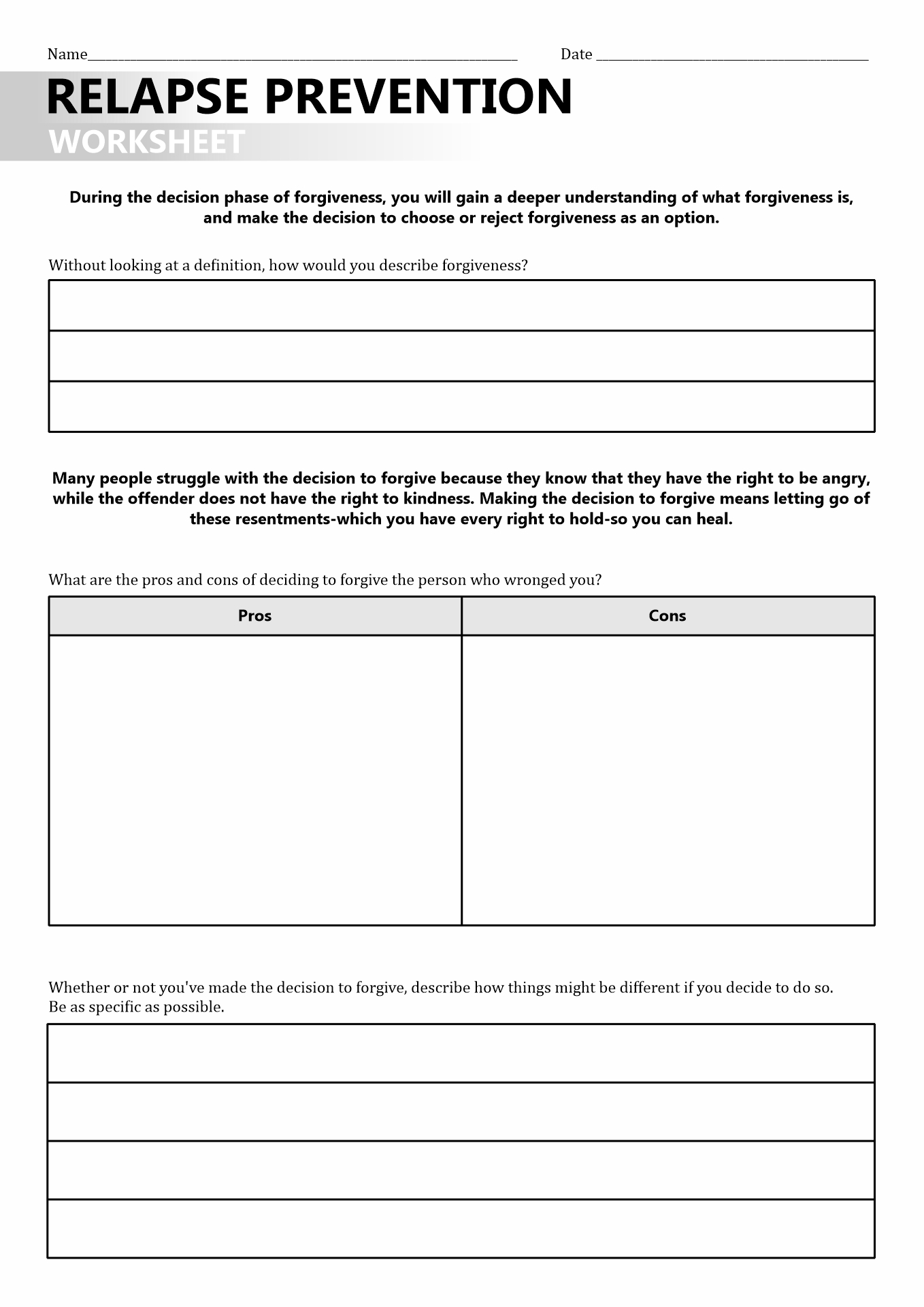 recovery journey worksheet
