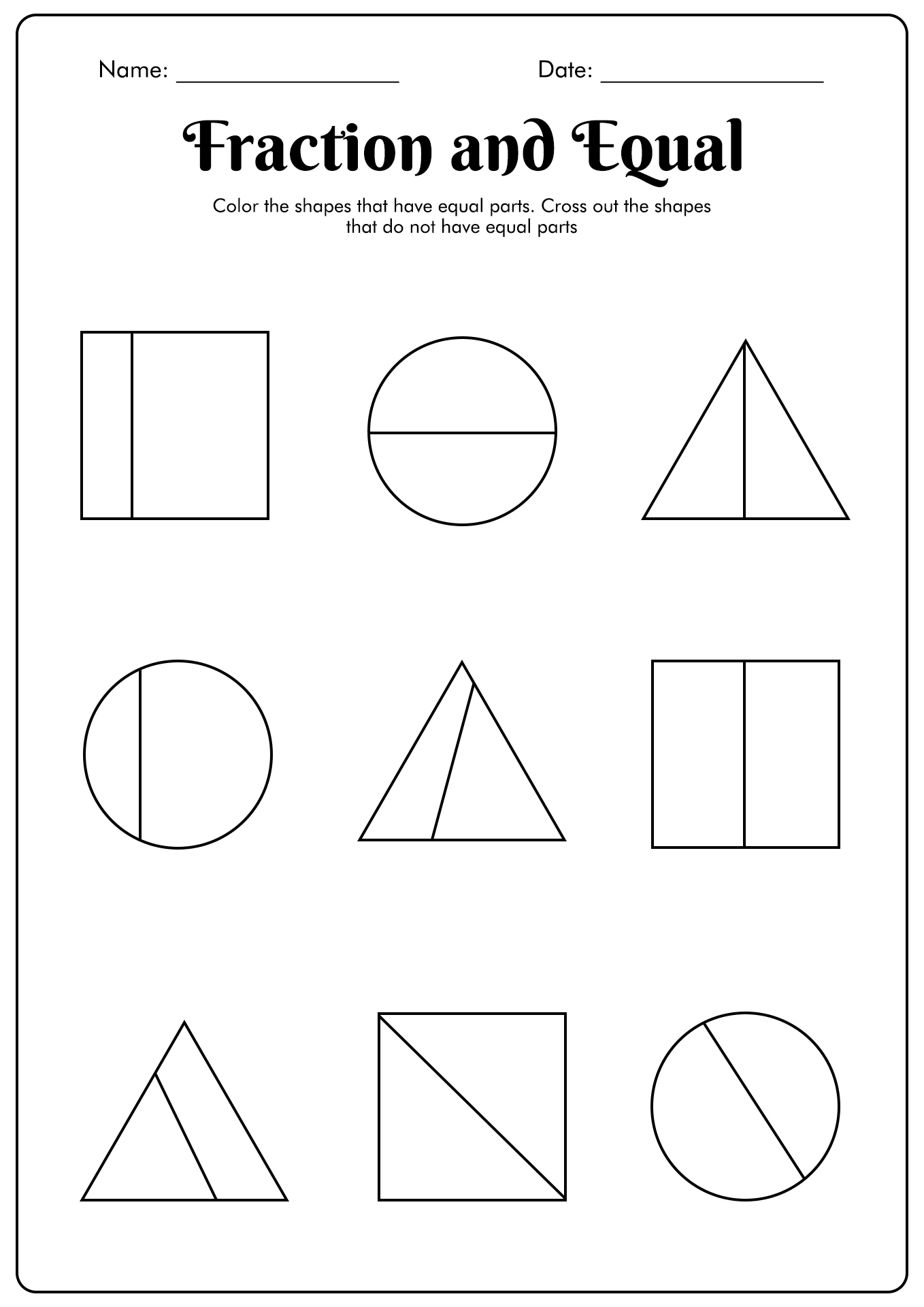 Fractions and Equal Parts Worksheet