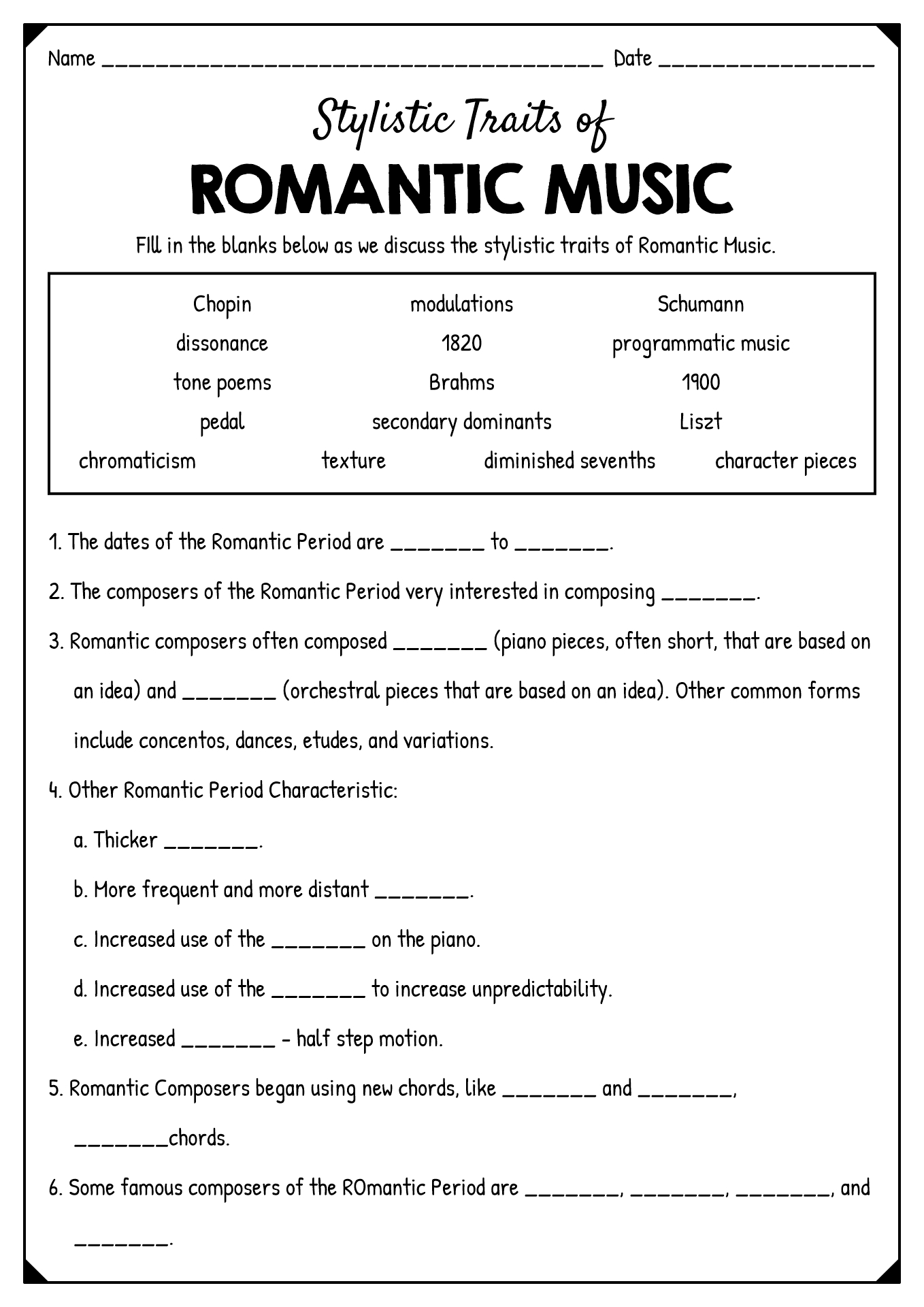 Free Printable Music History Worksheets