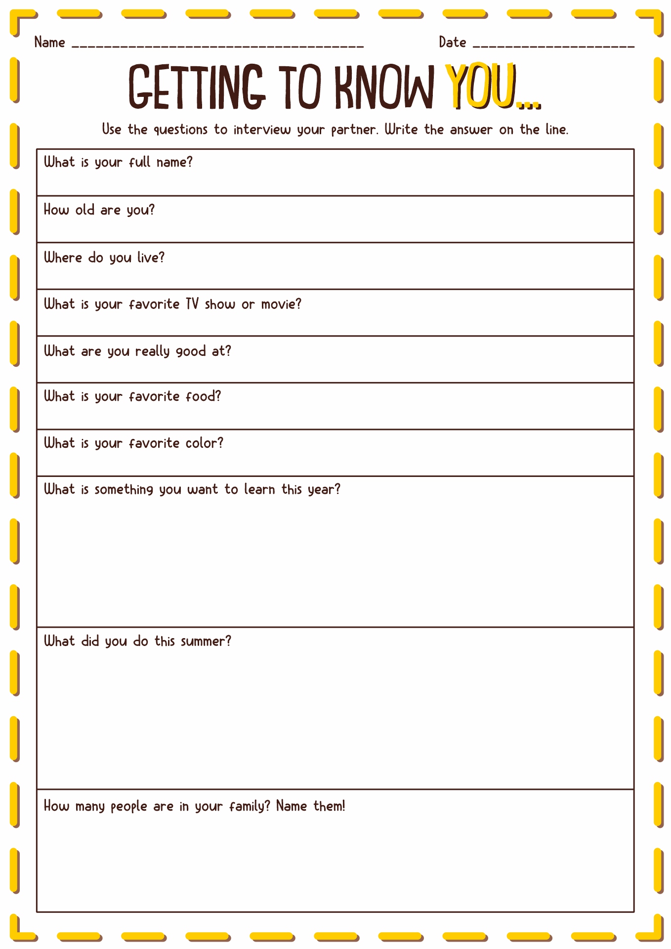 Get To Know You Questions Worksheet