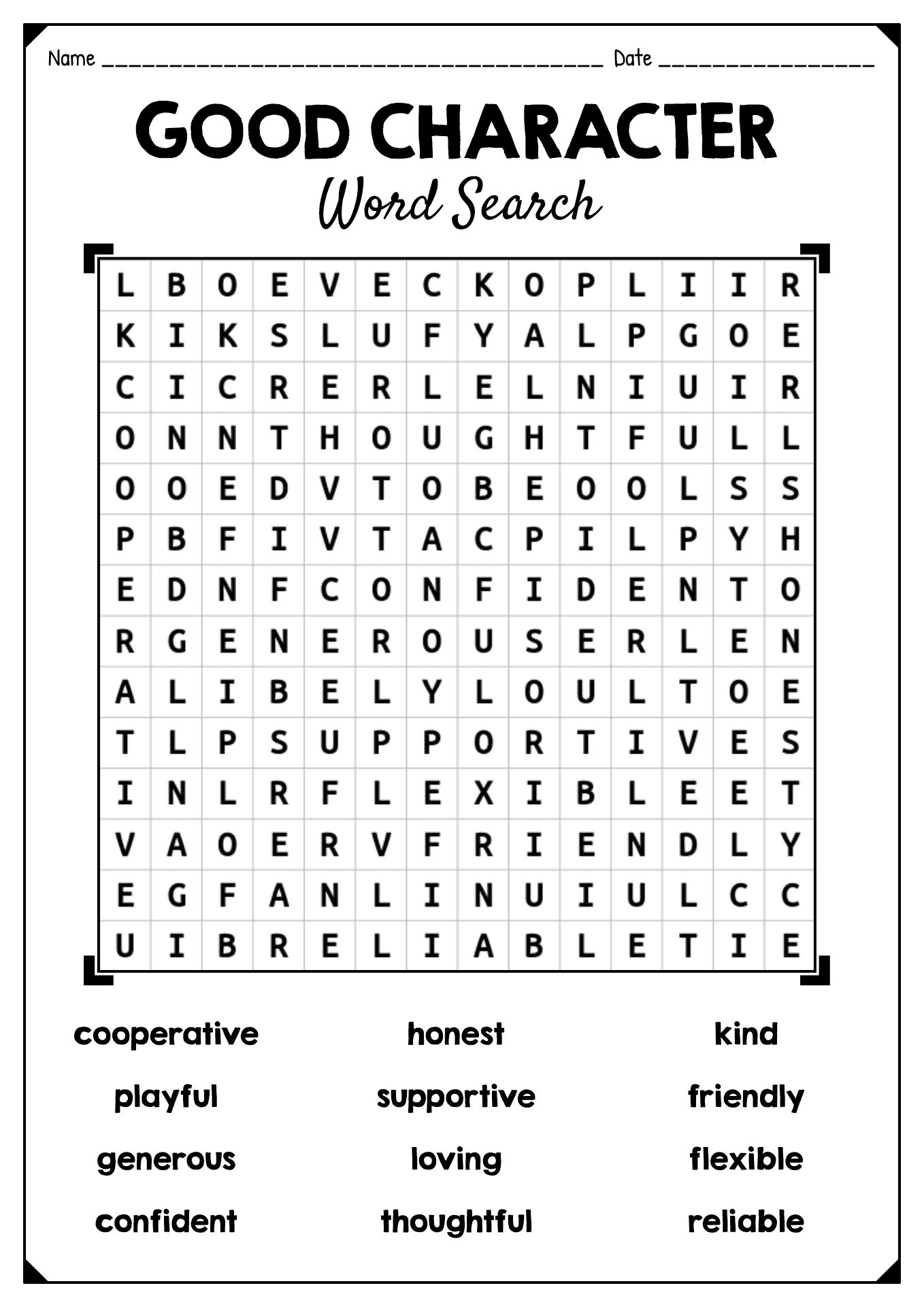 Good Character Word Search