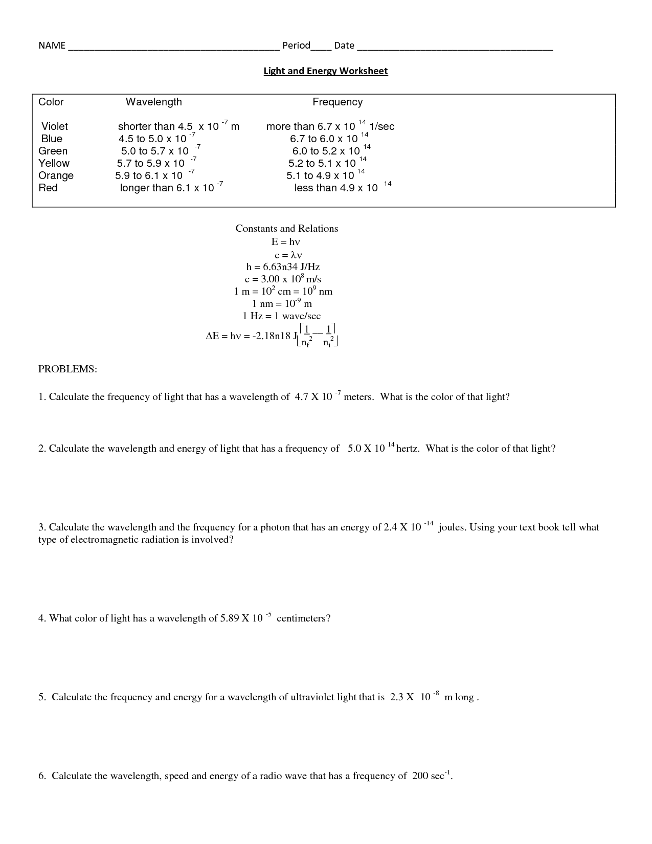 Light Energy Wavelength and Frequency Worksheet Answers Image