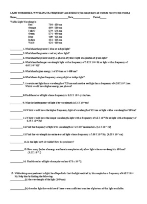 Light Energy Wavelength and Frequency Worksheet Image