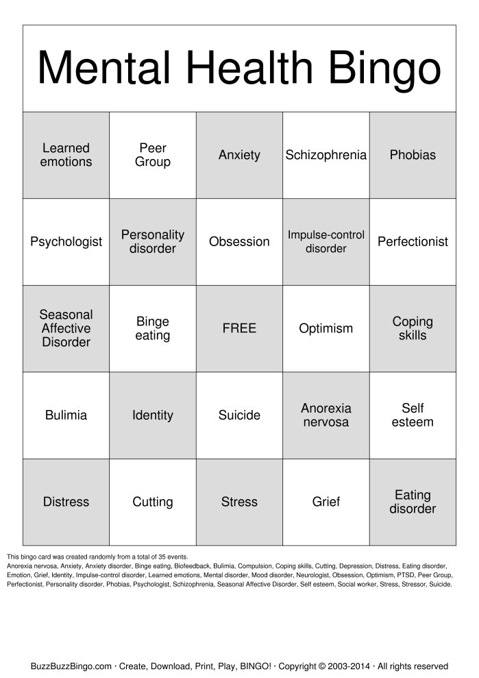 Mental Health Bingo Cards Printable Image