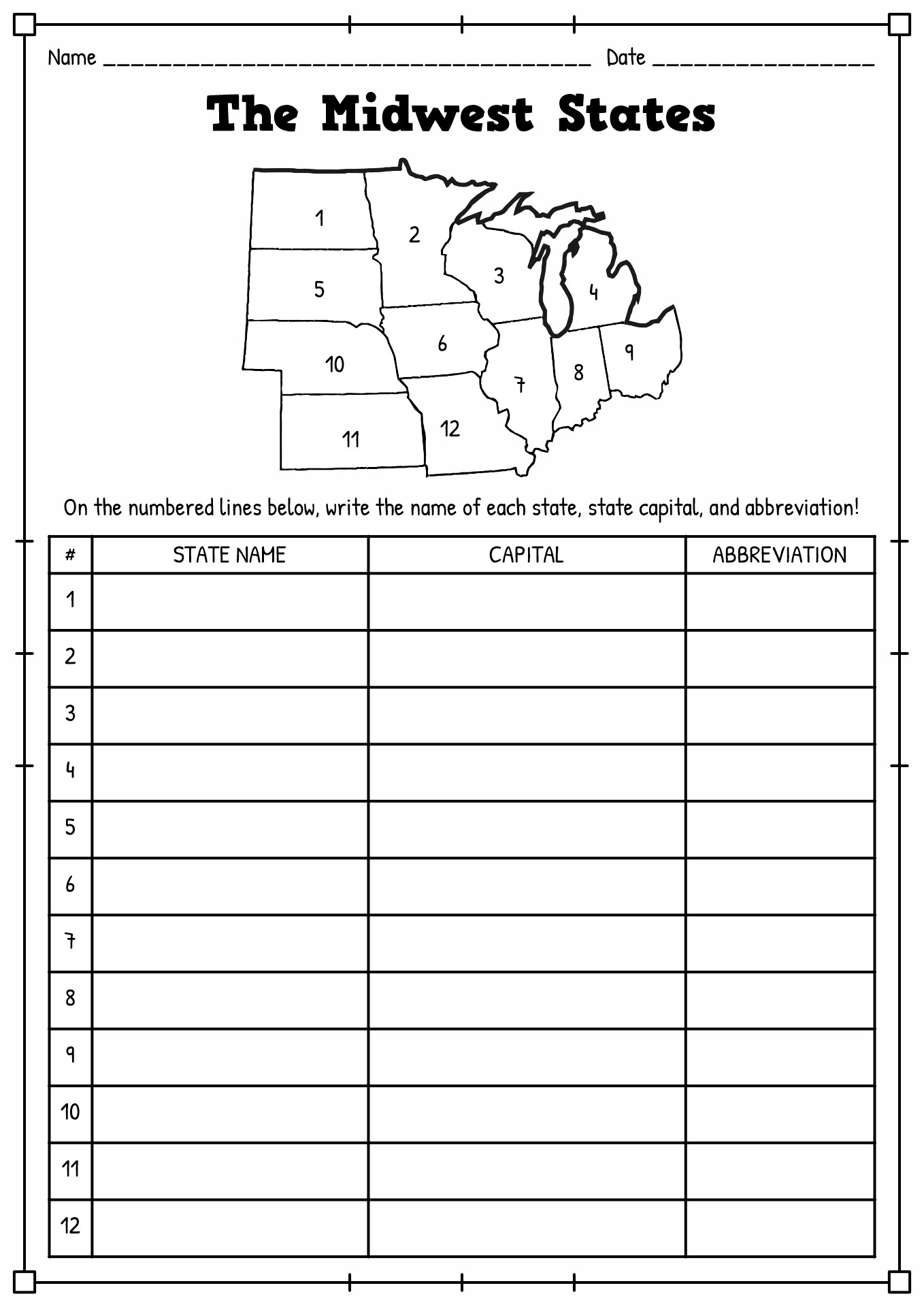 Midwest States Quiz Printable