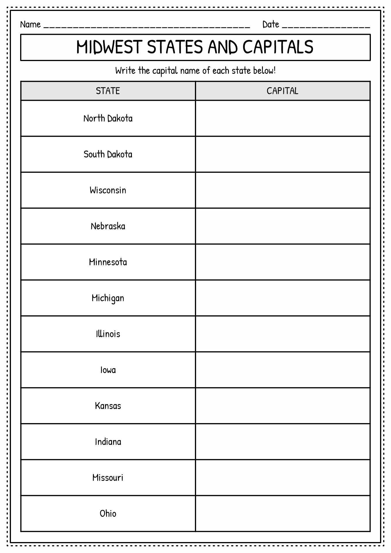 11 Midwest Region States And Capitals Worksheets