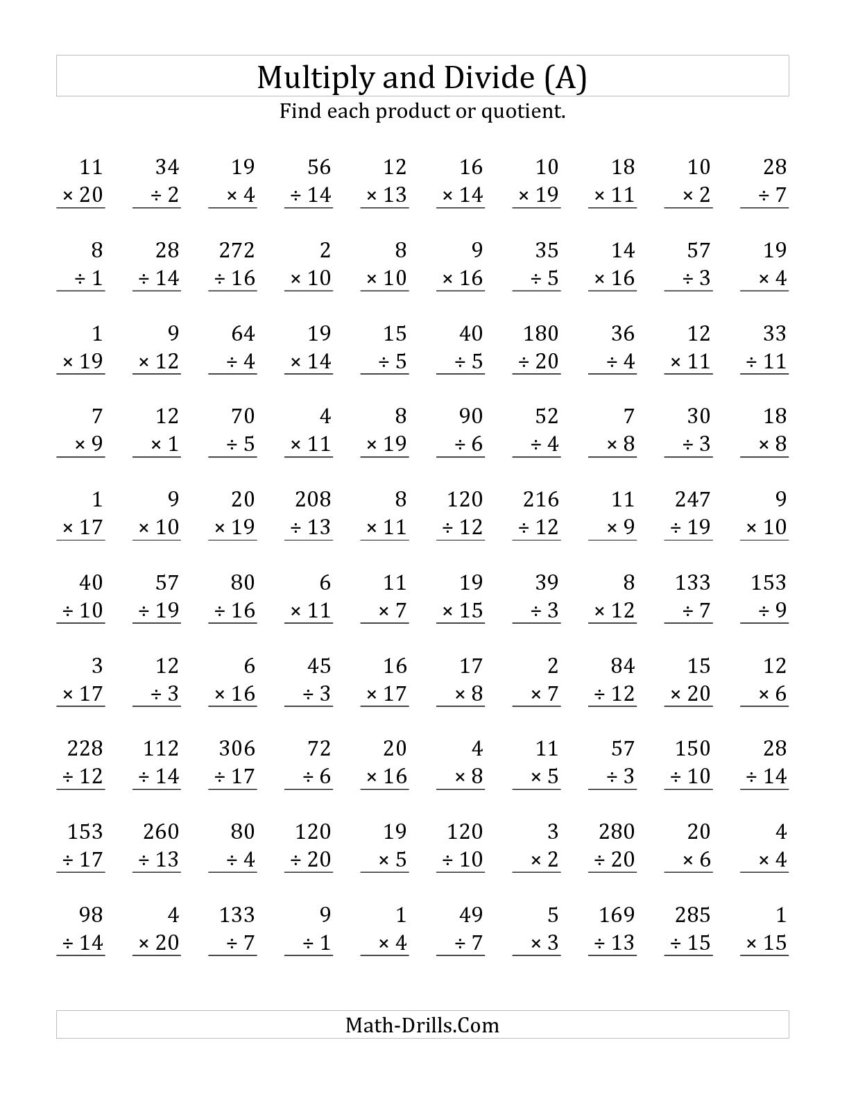 Multiplication and Division Worksheets 100 Problems Image
