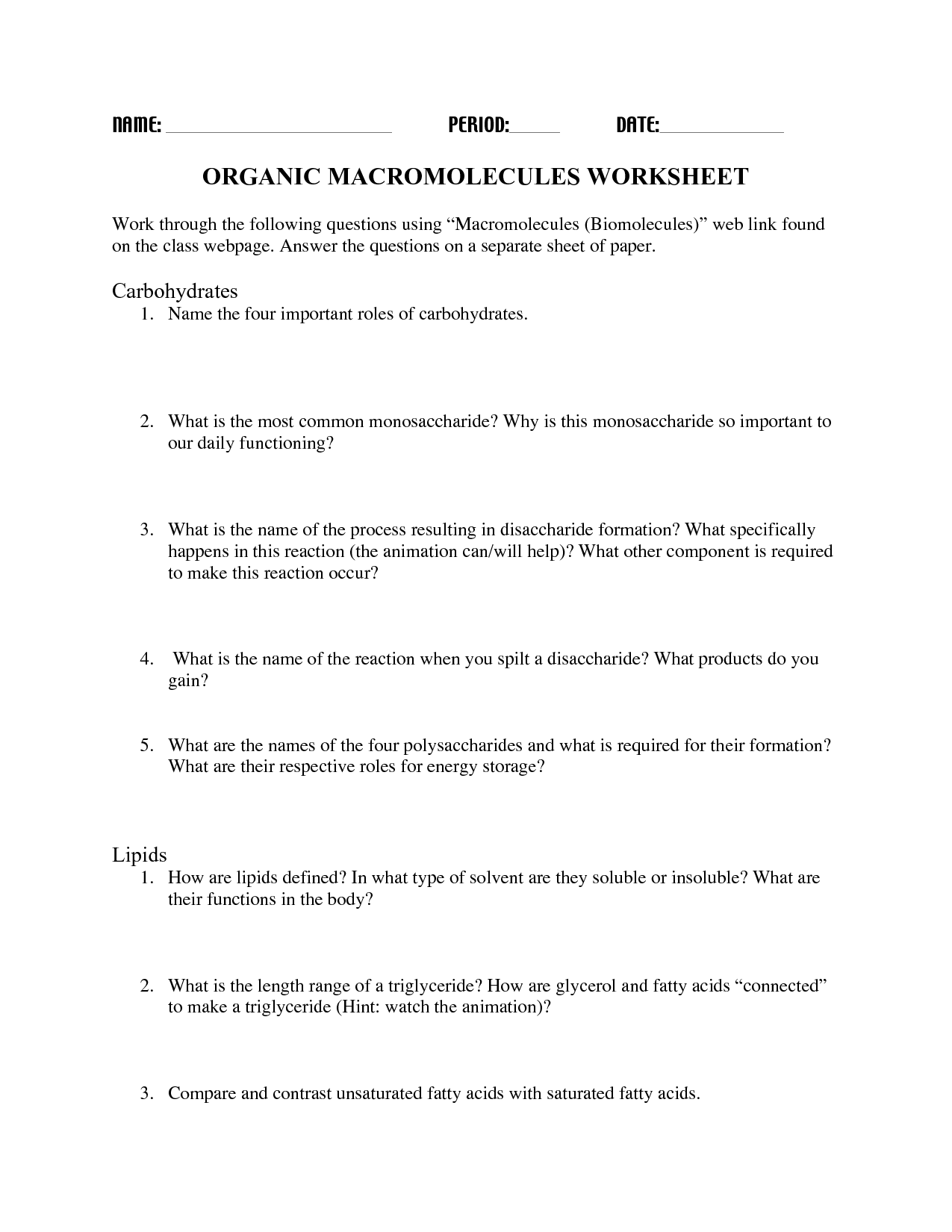 Organic Macromolecules Worksheet Answers