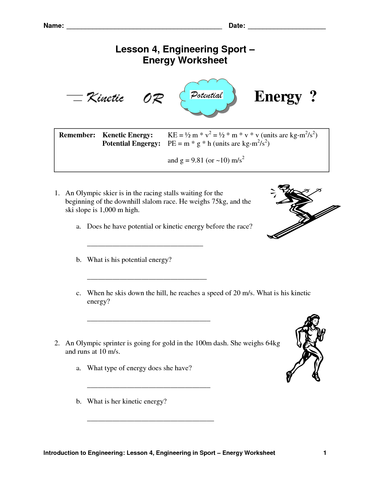 Potential and Kinetic Energy Worksheets for Kids Image