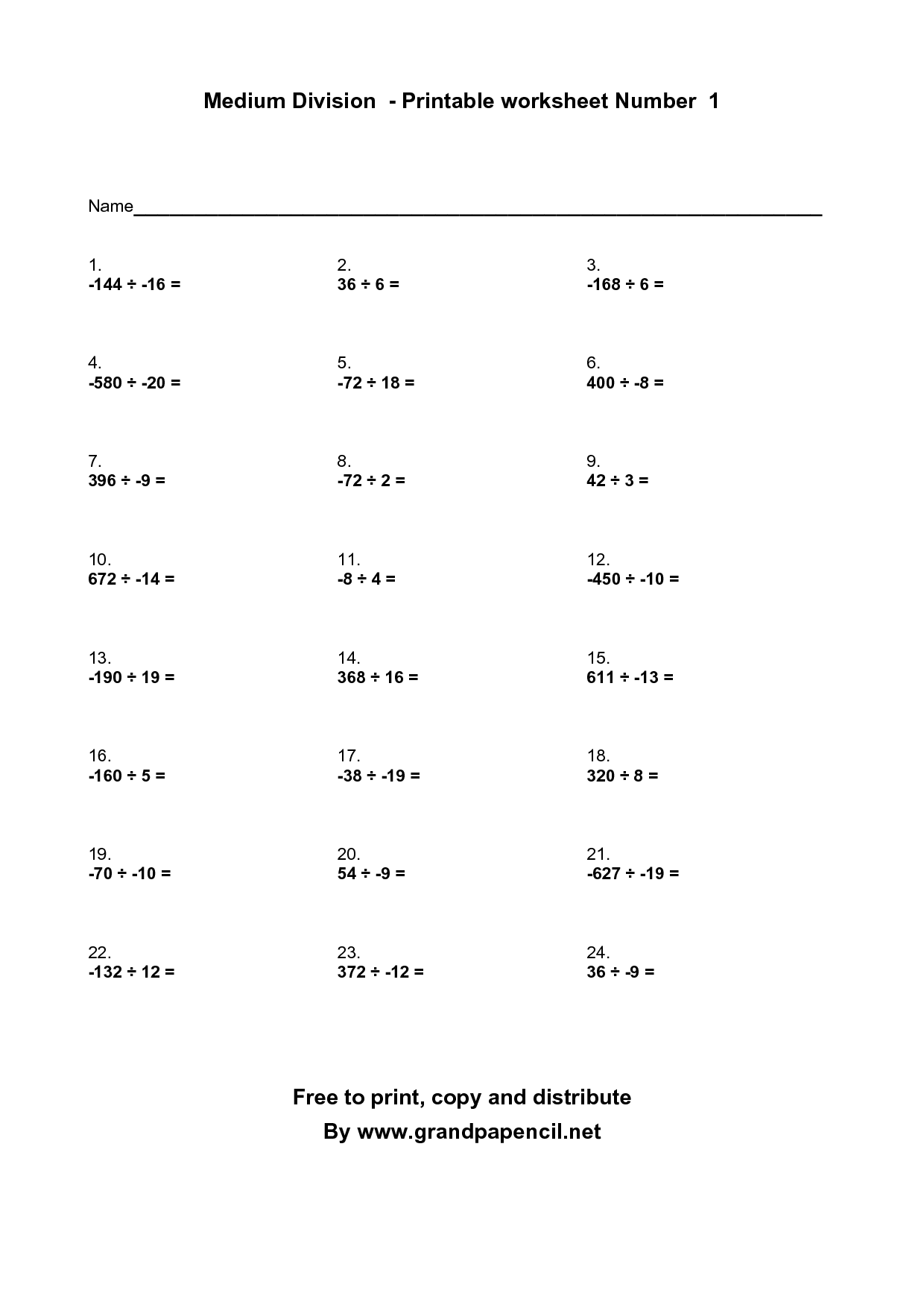 Printable Math Worksheets Division Image